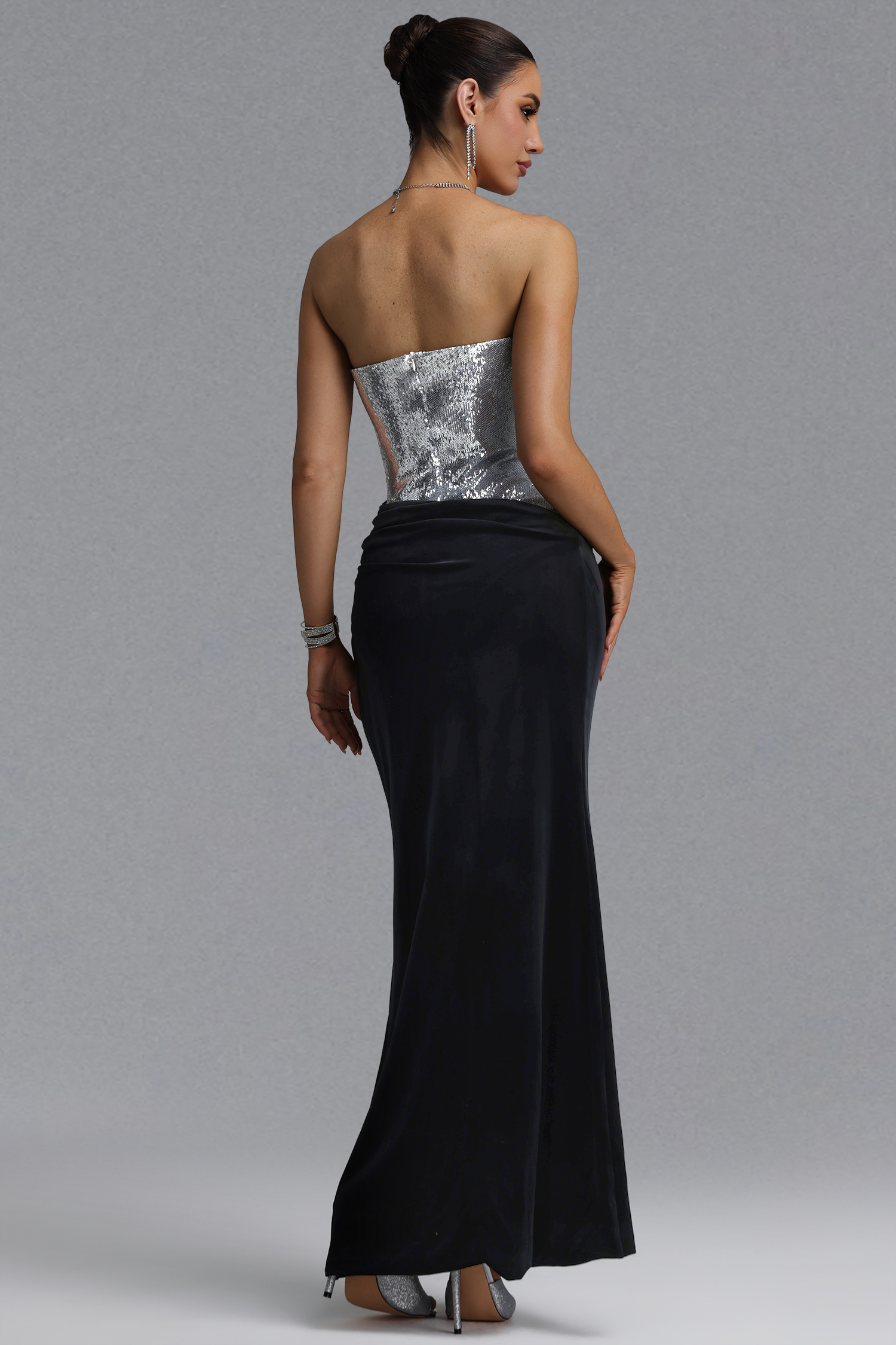 Paulina Light Luxury Waist-Cinching Color Block Strapless Sequin Ruched Velvet High Slit Mermaid Maxi Evening Dress