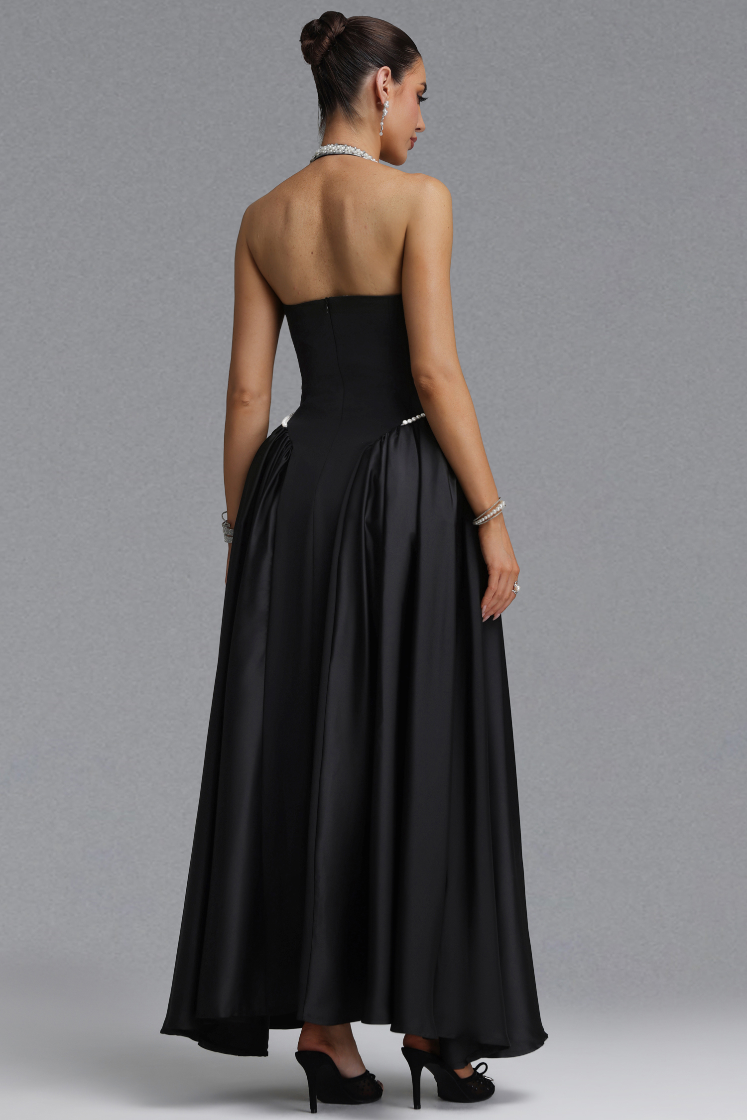 Ilsa Elegant Slim Pearl Halter Gathered Satin Midi Evening Dress