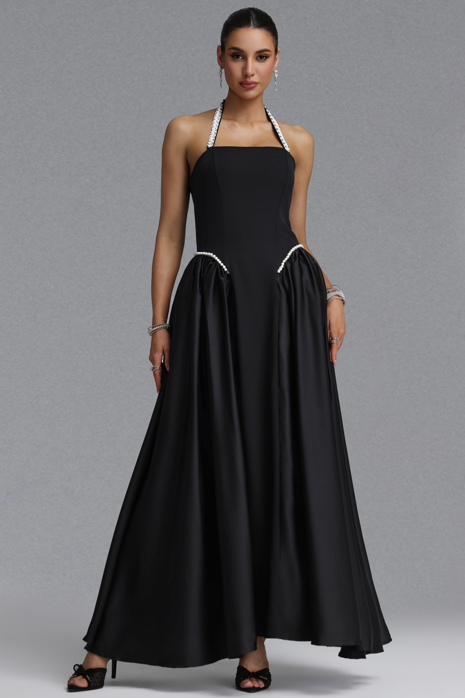 Ilsa Elegant Slim Pearl Halter Gathered Satin Midi Evening Dress
