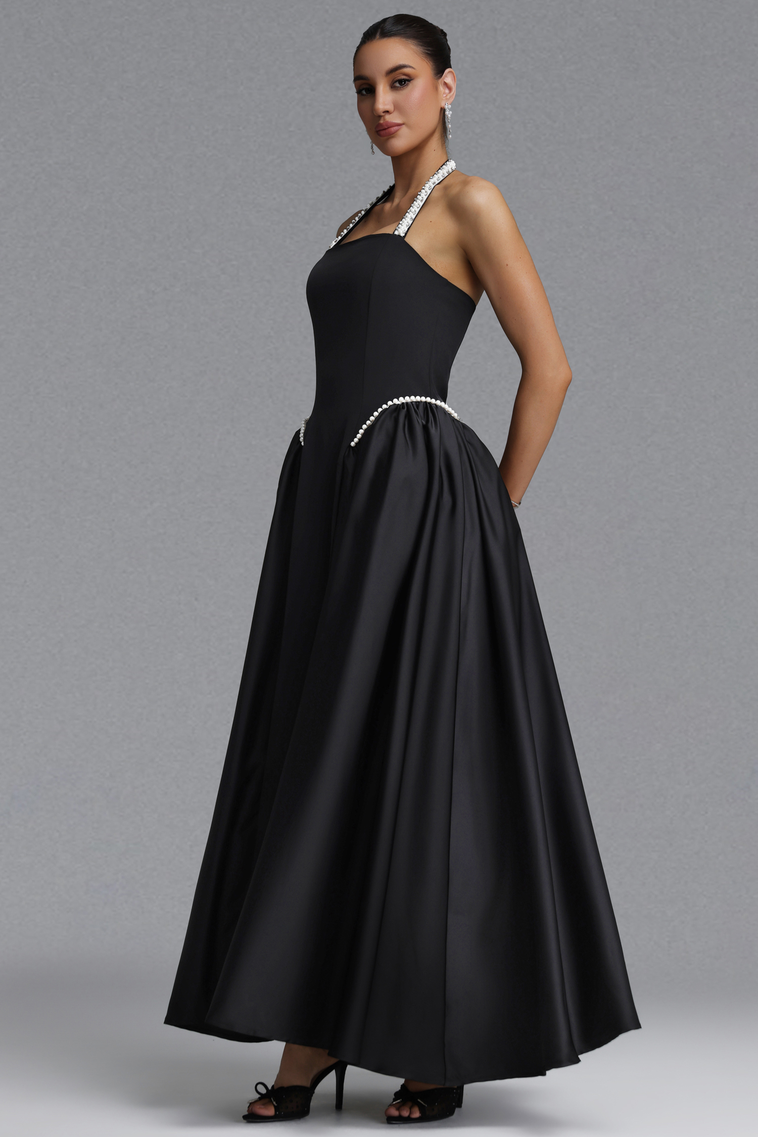 Ilsa Elegant Slim Pearl Halter Gathered Satin Midi Evening Dress