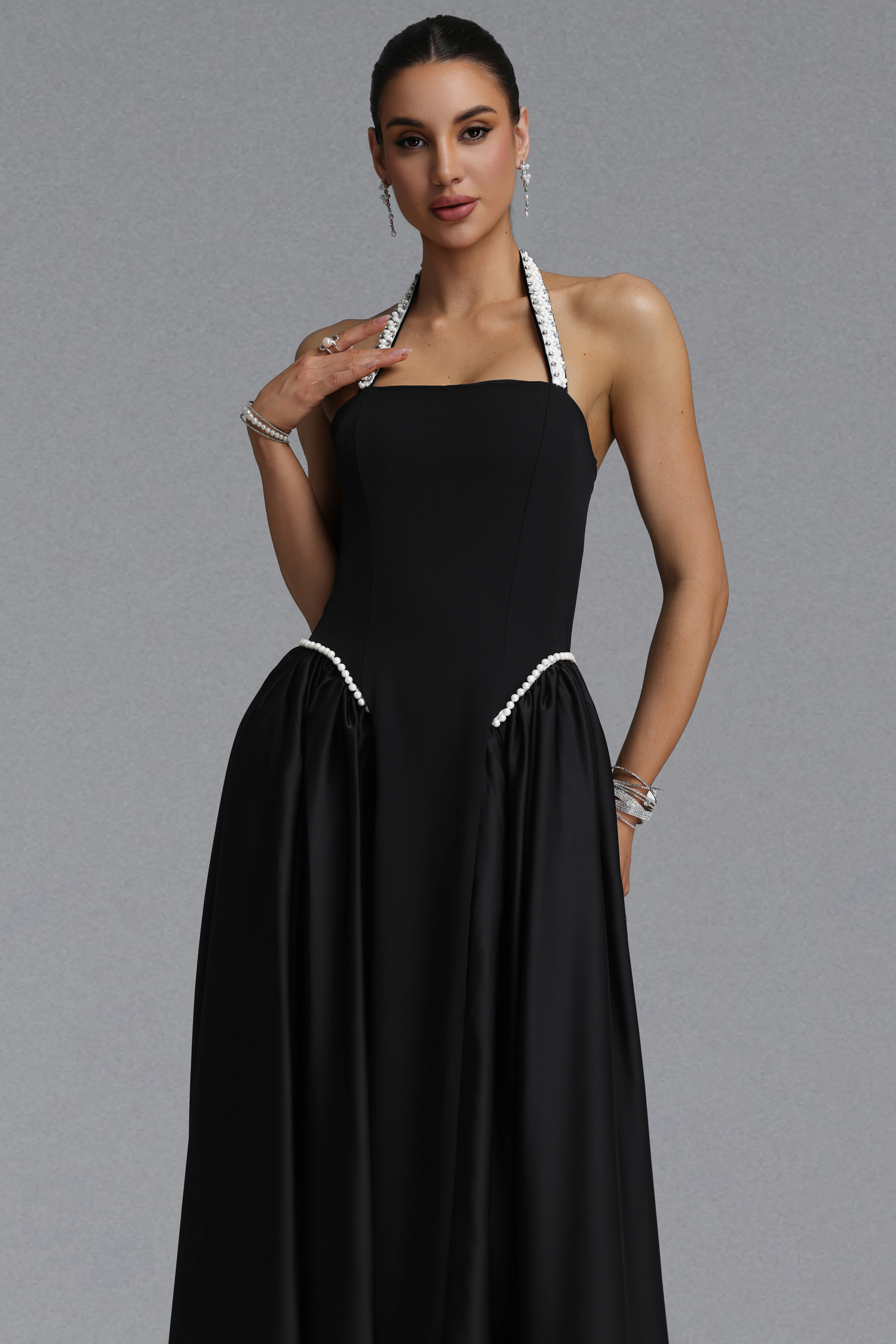 Ilsa Elegant Slim Pearl Halter Gathered Satin Midi Evening Dress