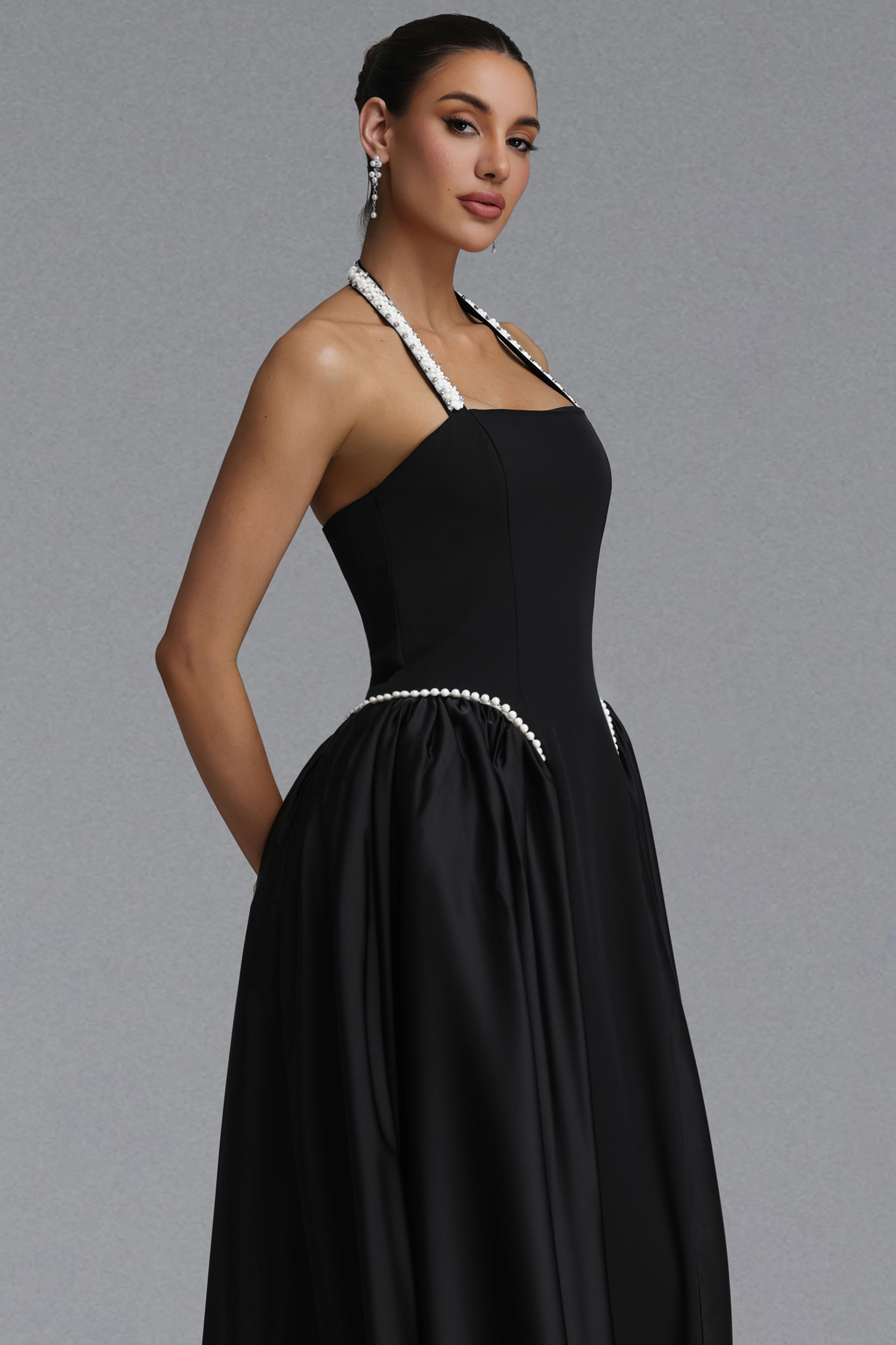 Ilsa Elegant Slim Pearl Halter Gathered Satin Midi Evening Dress
