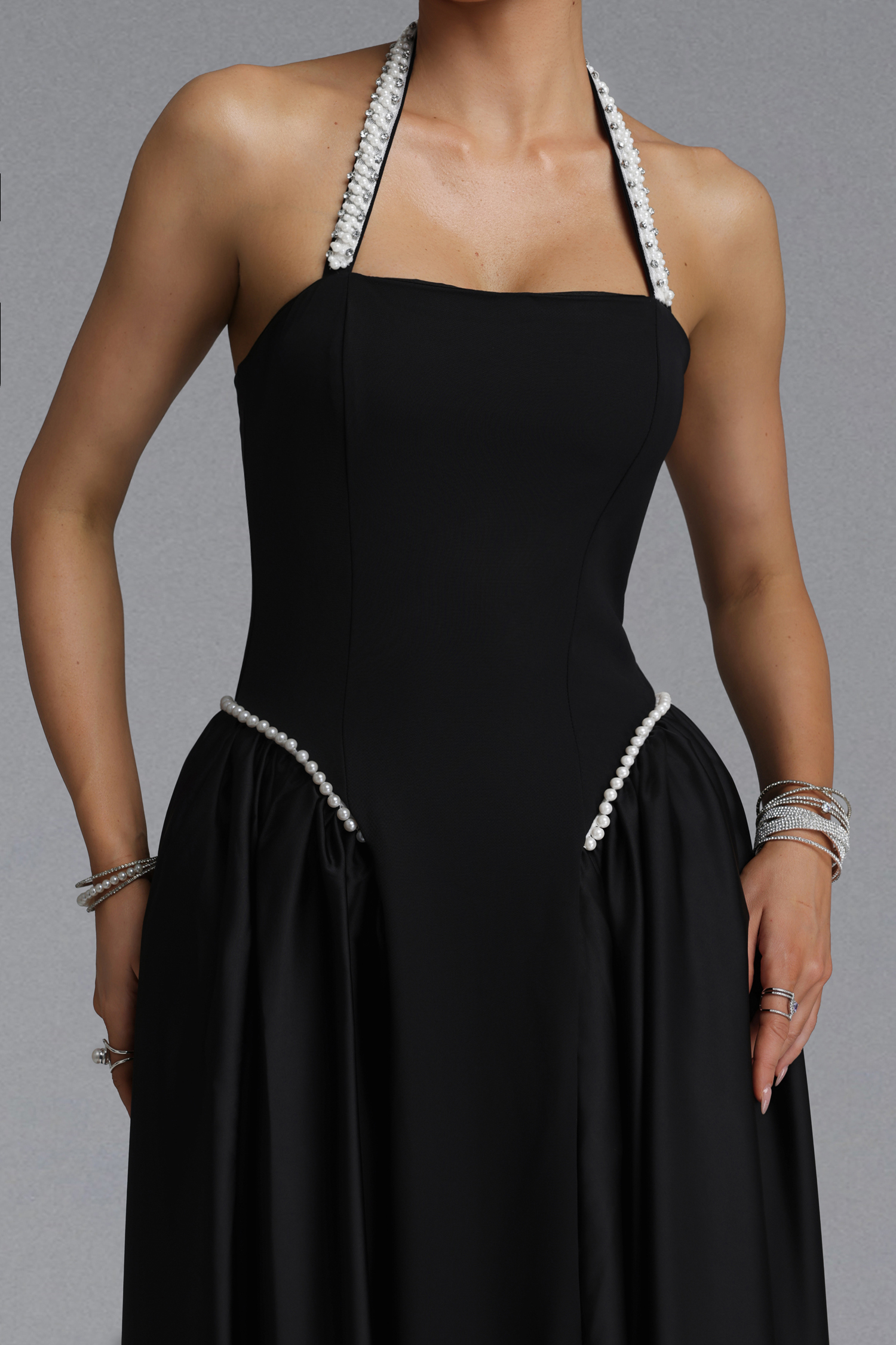 Ilsa Elegant Slim Pearl Halter Gathered Satin Midi Evening Dress