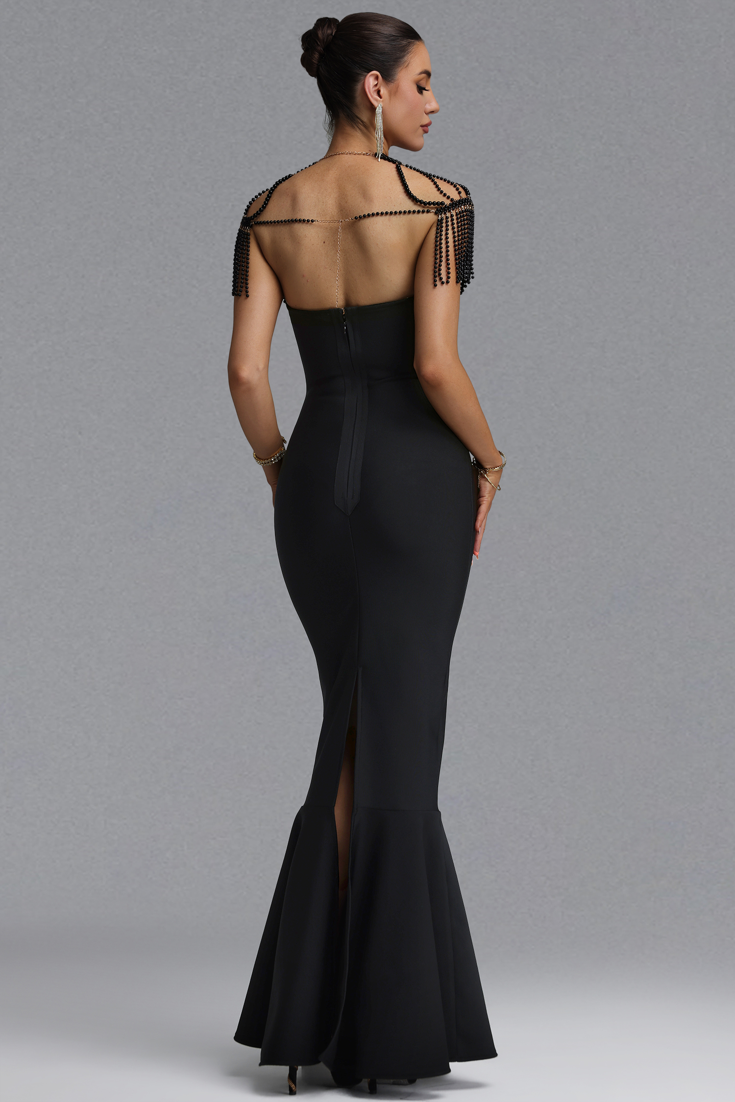 Irana Romantic Slim Sleeveless Pearl Shoulder Chain Black Bandage Maxi Evening Dress