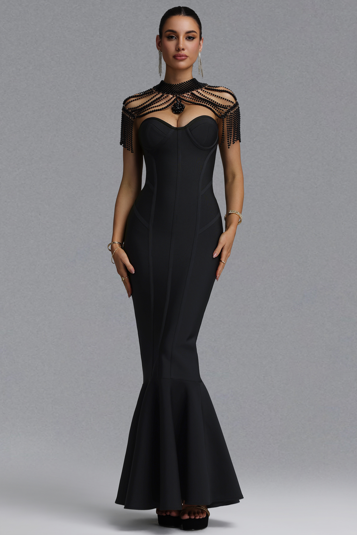 Irana Romantic Slim Sleeveless Pearl Shoulder Chain Black Bandage Maxi Evening Dress
