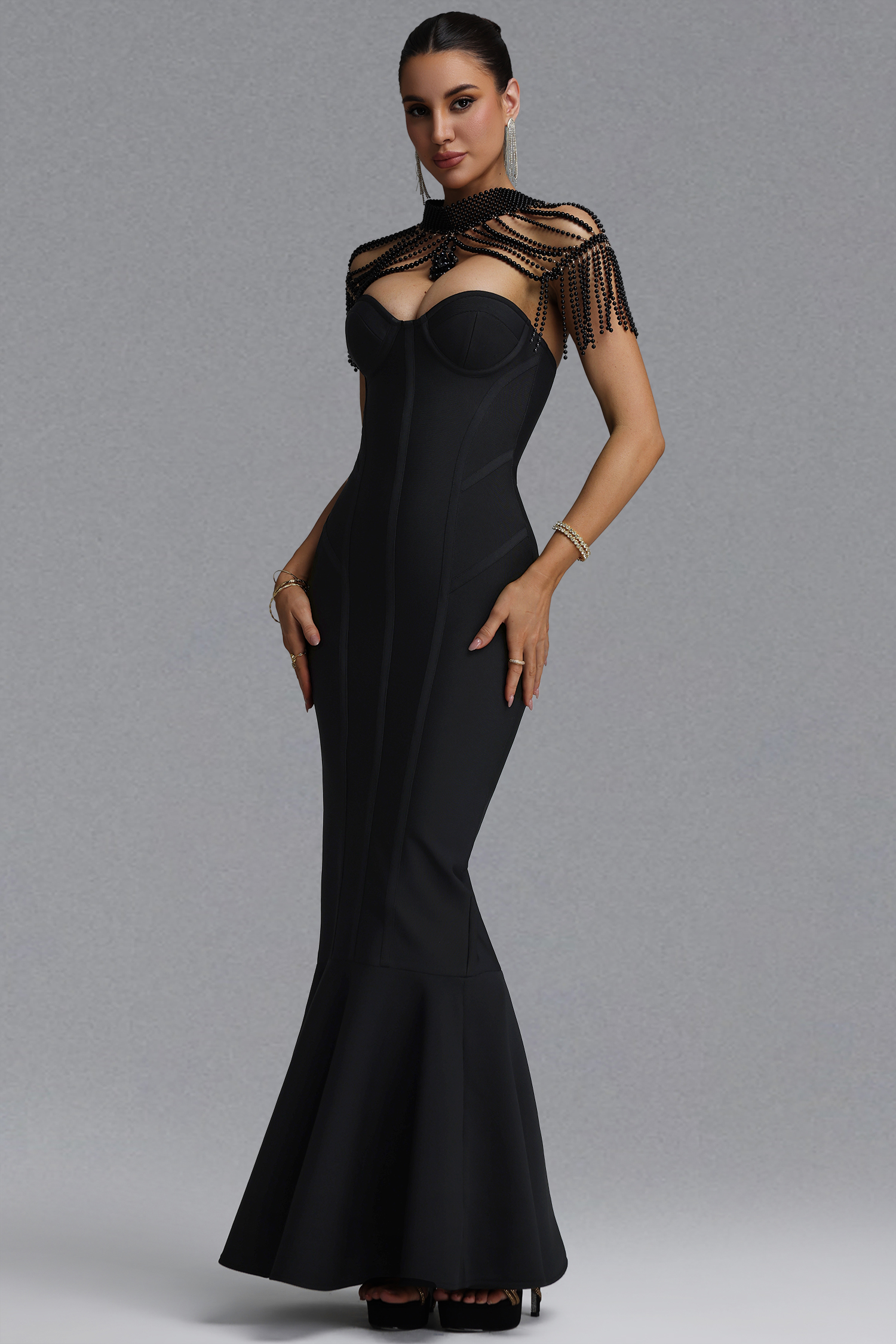 Irana Romantic Slim Sleeveless Pearl Shoulder Chain Black Bandage Maxi Evening Dress