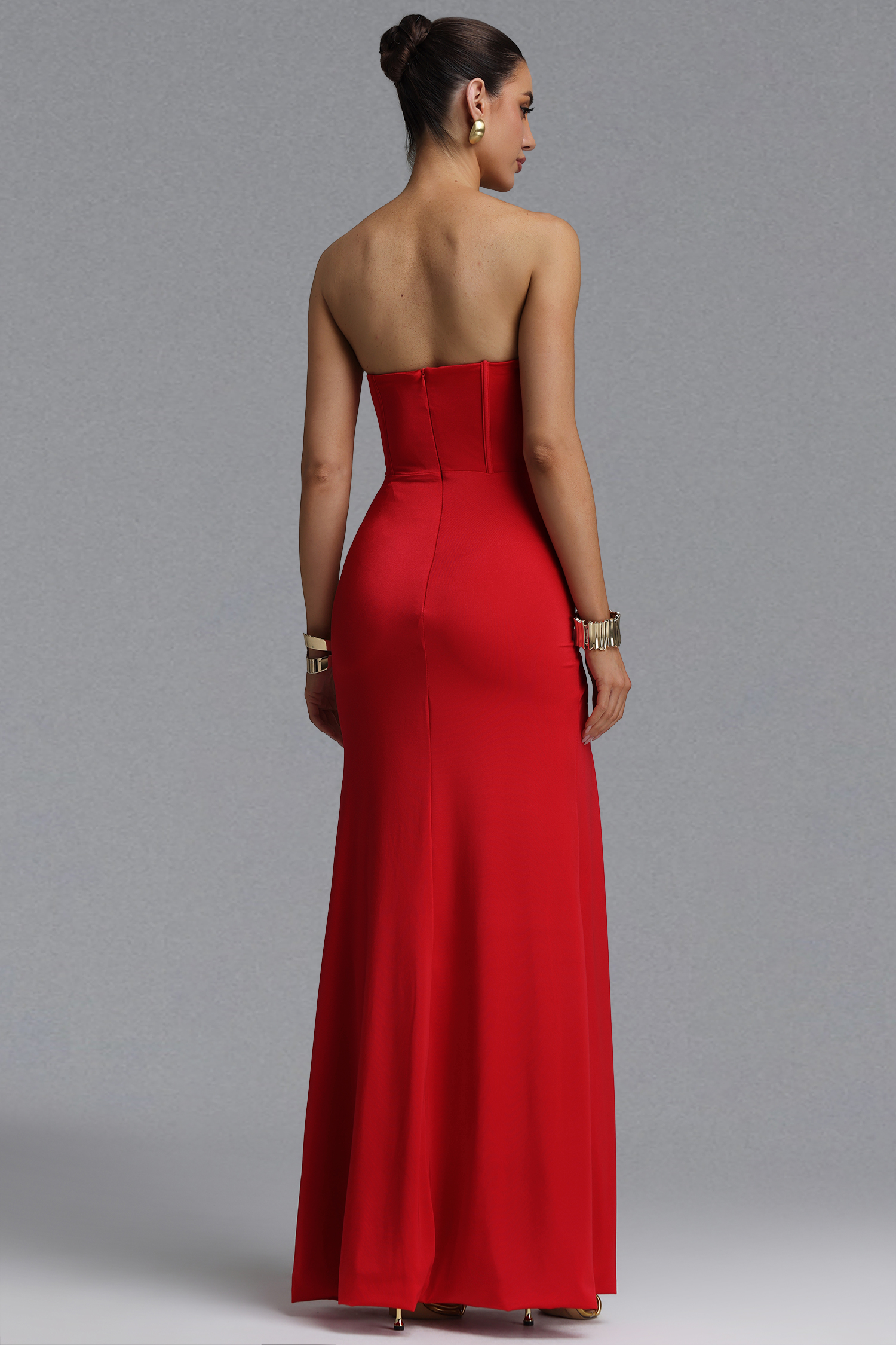 Malvina Light Luxury Waist-Cinching Strapless Boned Knit Twist Ruched High Slit Bodycon Mermaid Maxi Evening Dress