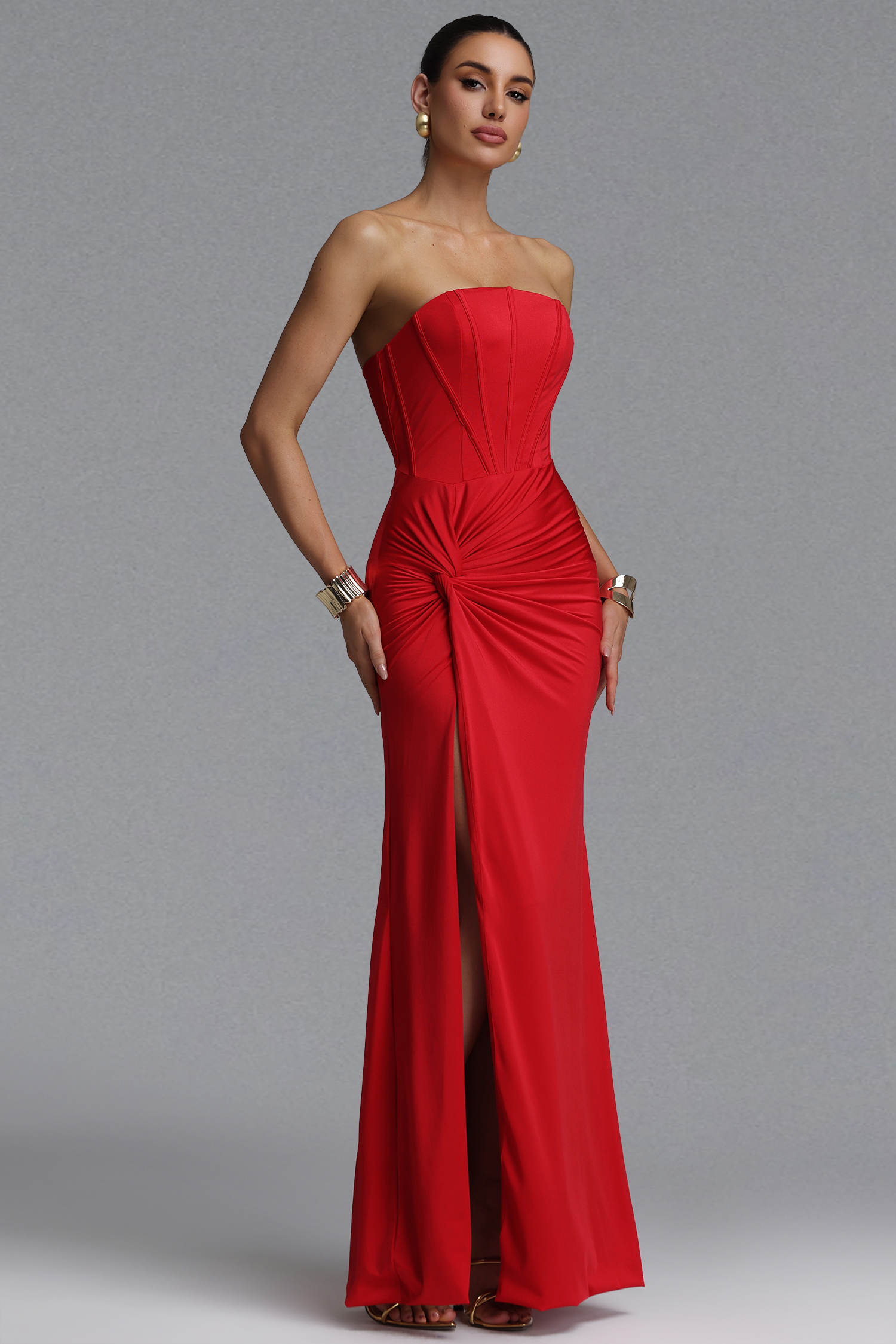 Malvina Light Luxury Waist-Cinching Strapless Boned Knit Twist Ruched High Slit Bodycon Mermaid Maxi Evening Dress