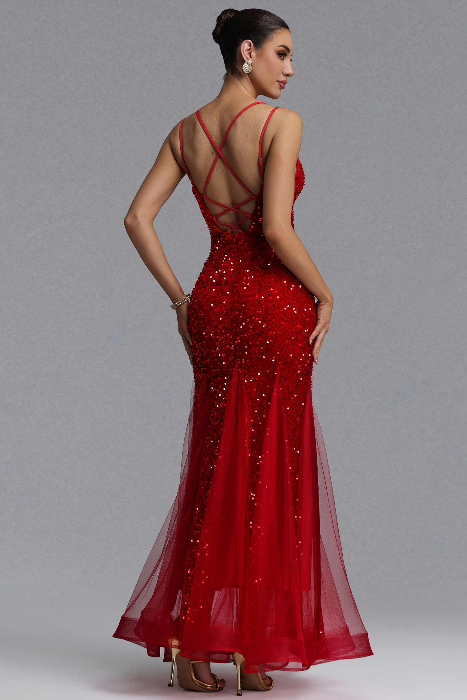 Paca Romantic Slim V-Neck Sequin Maxi Evening Dress