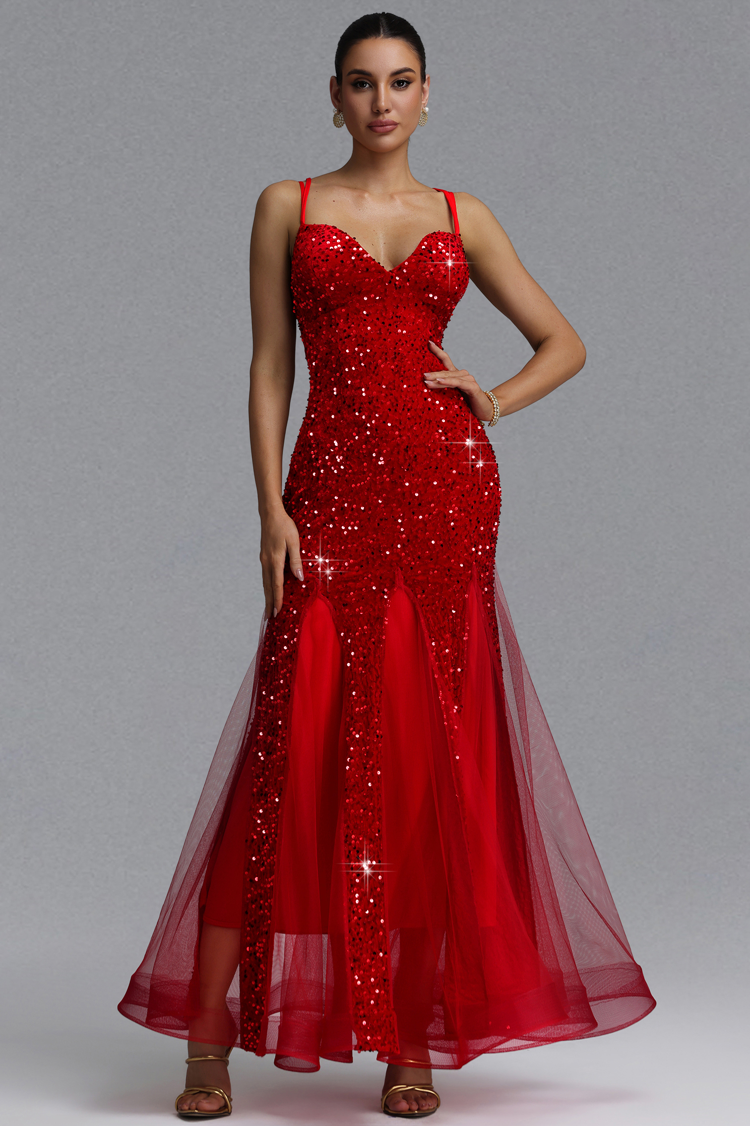 Paca Romantic Slim V-Neck Sequin Maxi Evening Dress