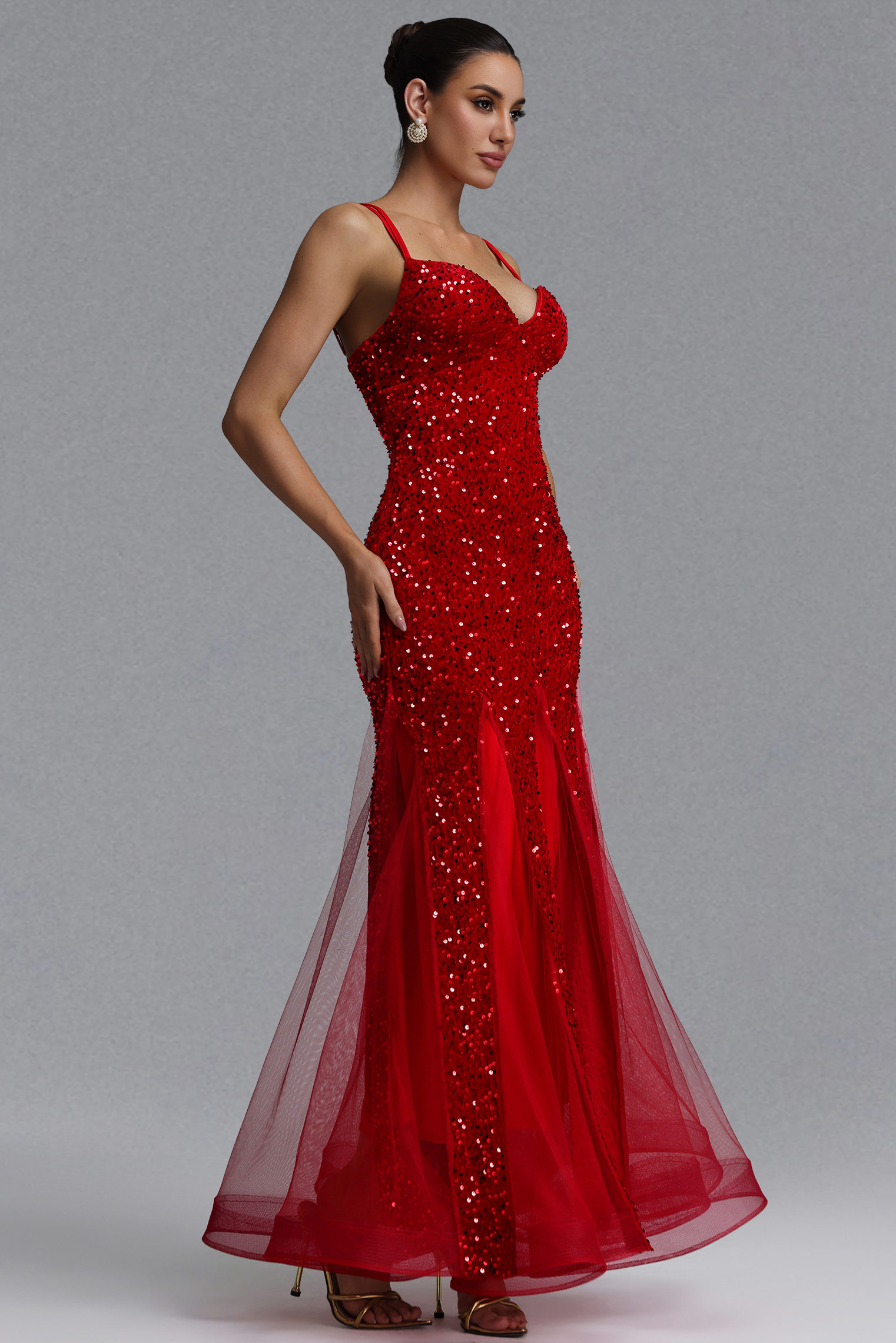 Paca Romantic Slim V-Neck Sequin Maxi Evening Dress