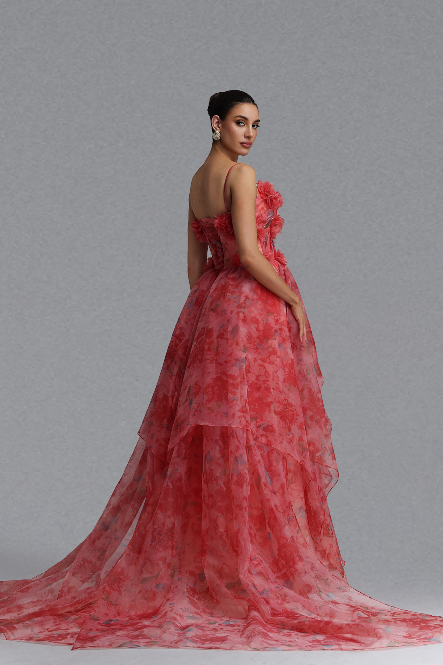 Lzada Elegant Waist-Cinching Strapless 3D Floral Watercolor Print Organza Multi-Layer Ruffle Fluffy A-Line Train Maxi Evening Dress