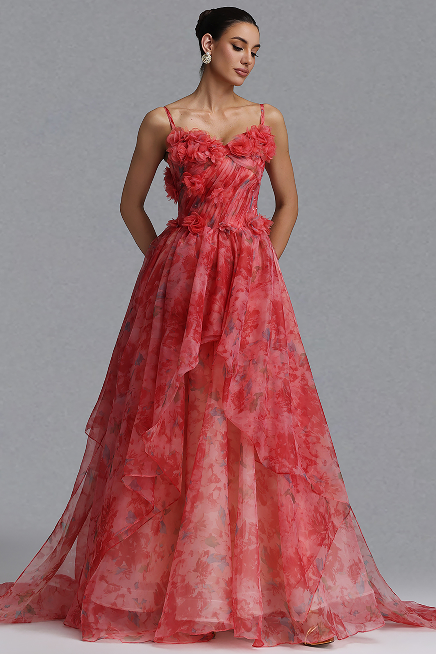 Lzada Elegant Waist-Cinching Strapless 3D Floral Watercolor Print Organza Multi-Layer Ruffle Fluffy A-Line Train Maxi Evening Dress