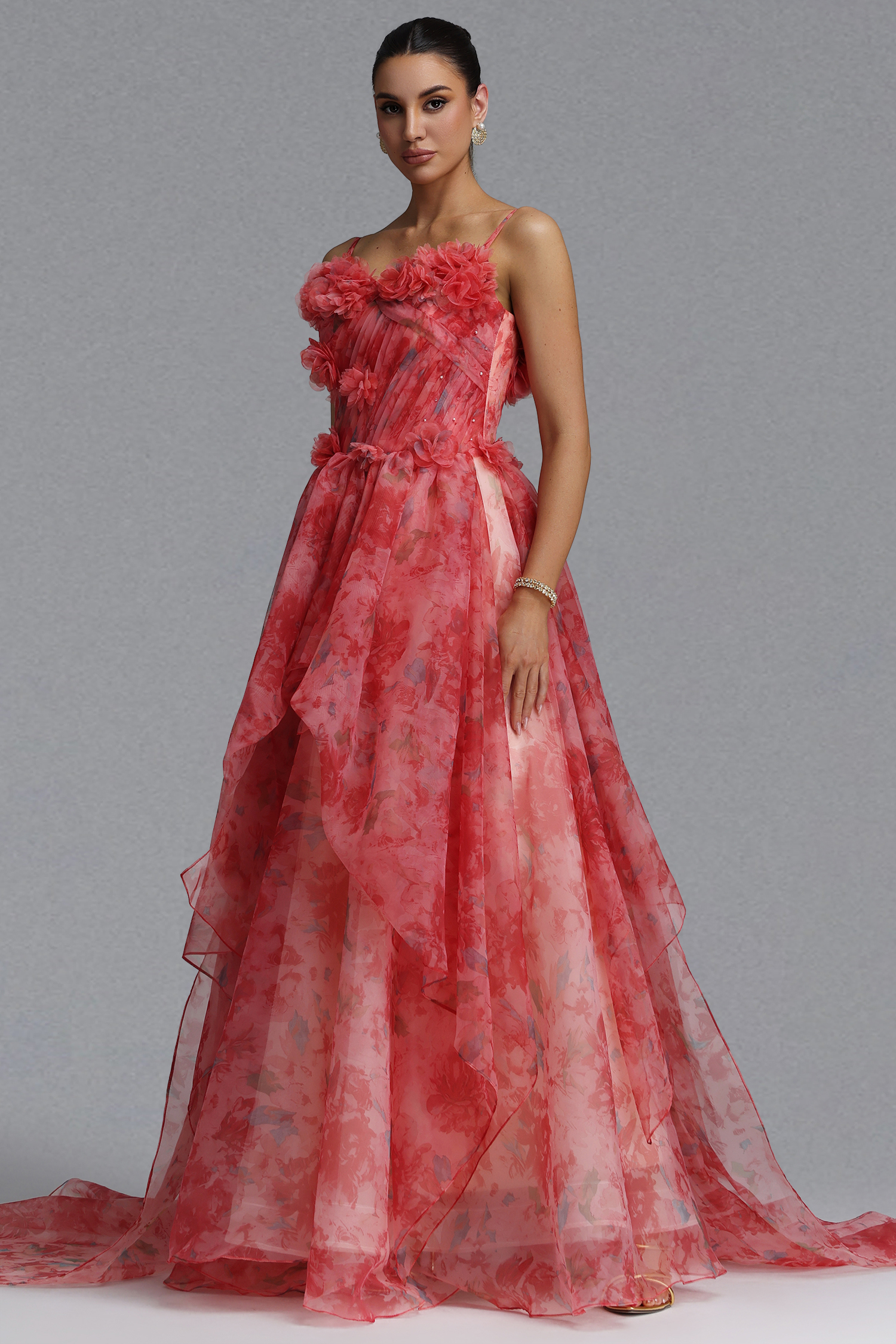 Lzada Elegant Waist-Cinching Strapless 3D Floral Watercolor Print Organza Multi-Layer Ruffle Fluffy A-Line Train Maxi Evening Dress