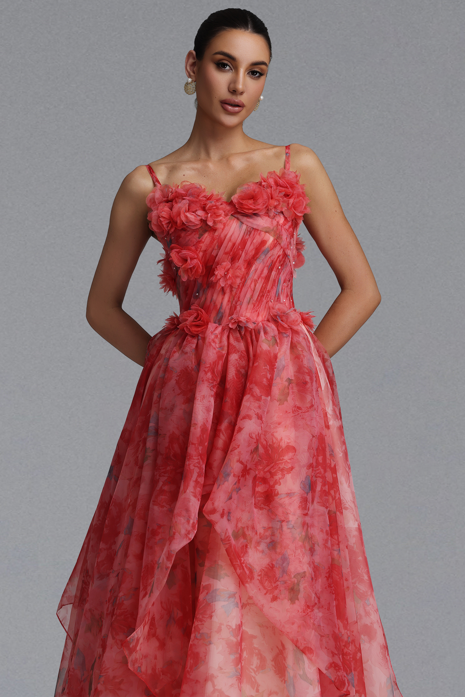 Lzada Elegant Waist-Cinching Strapless 3D Floral Watercolor Print Organza Multi-Layer Ruffle Fluffy A-Line Train Maxi Evening Dress