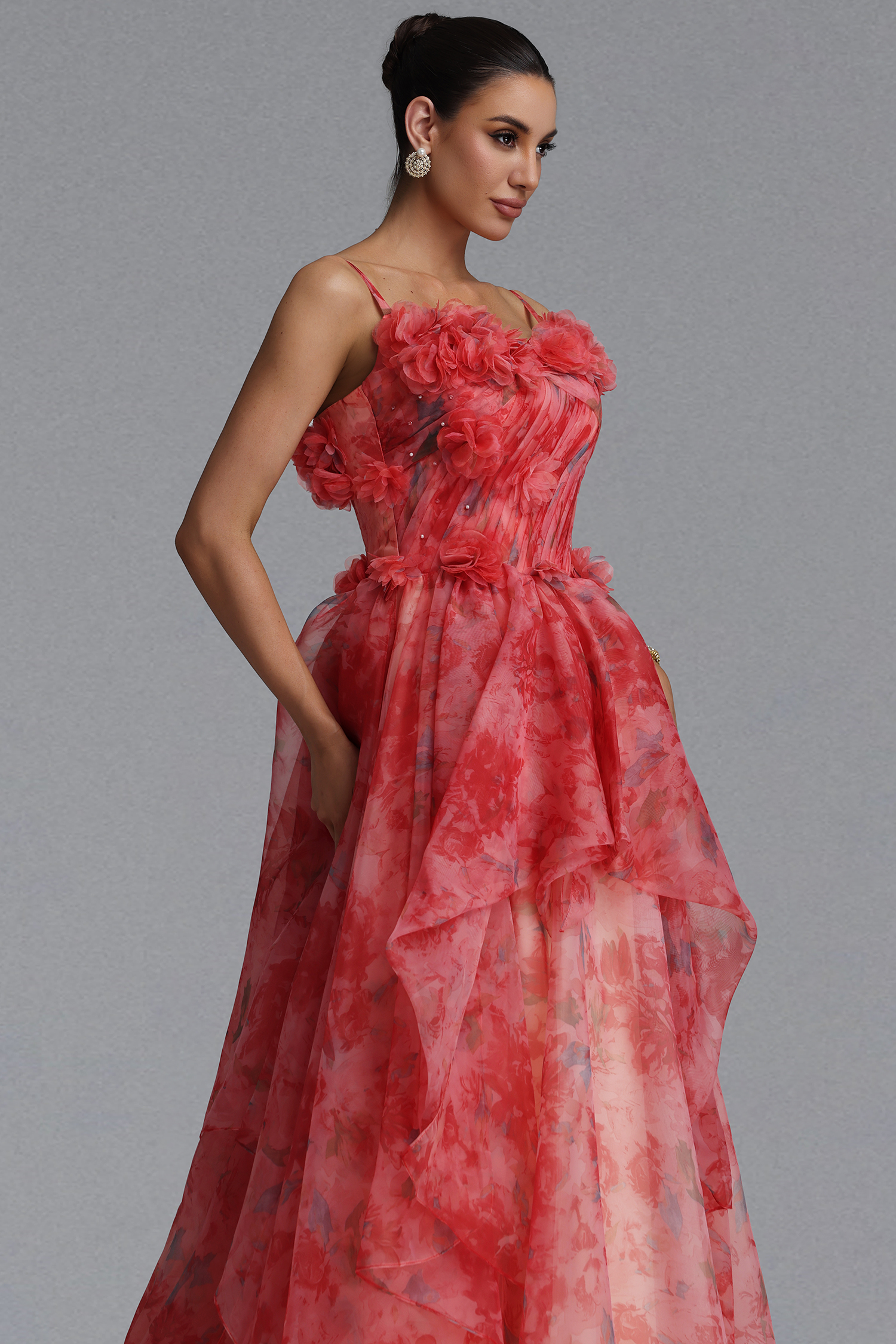 Lzada Elegant Waist-Cinching Strapless 3D Floral Watercolor Print Organza Multi-Layer Ruffle Fluffy A-Line Train Maxi Evening Dress