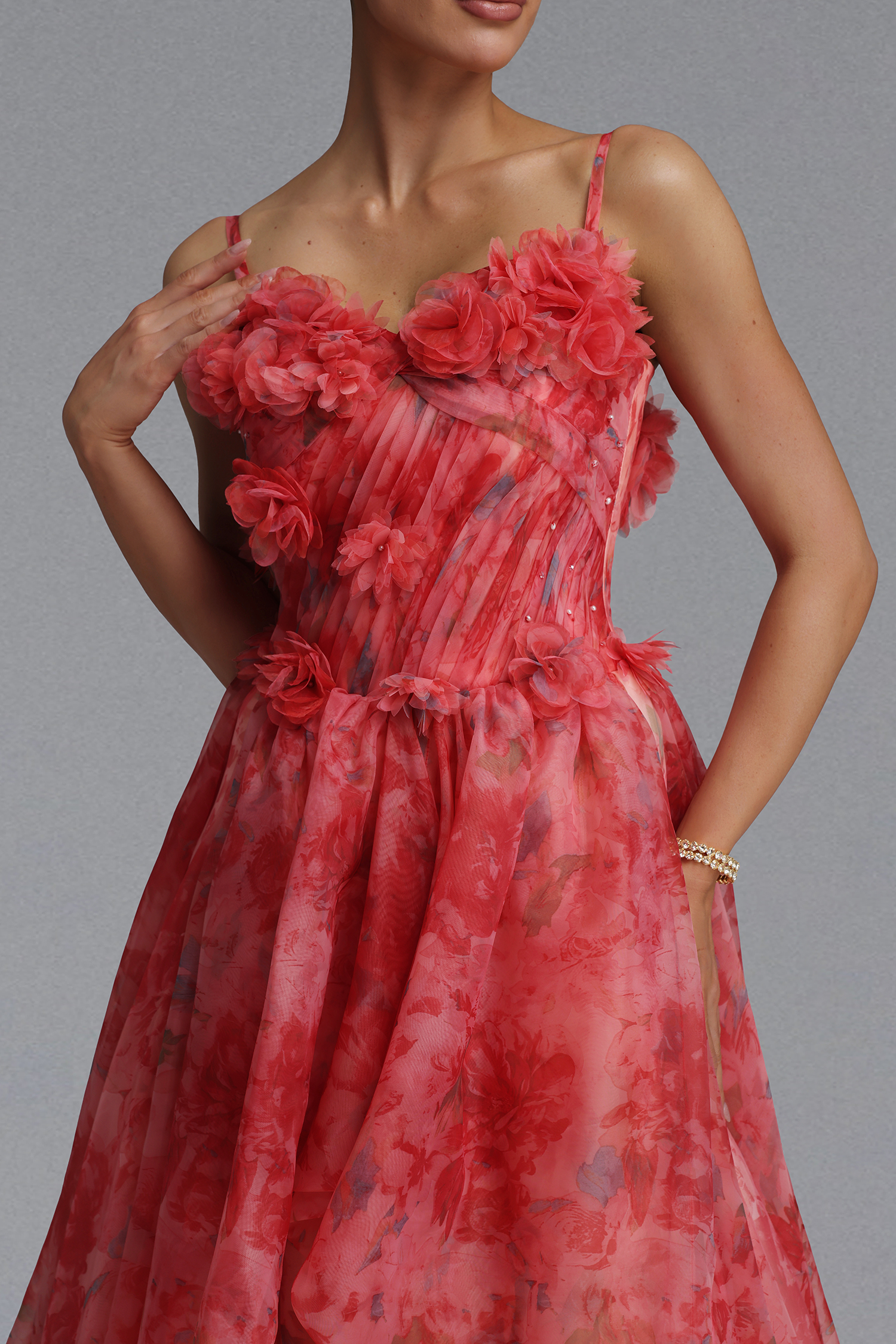 Lzada Elegant Waist-Cinching Strapless 3D Floral Watercolor Print Organza Multi-Layer Ruffle Fluffy A-Line Train Maxi Evening Dress