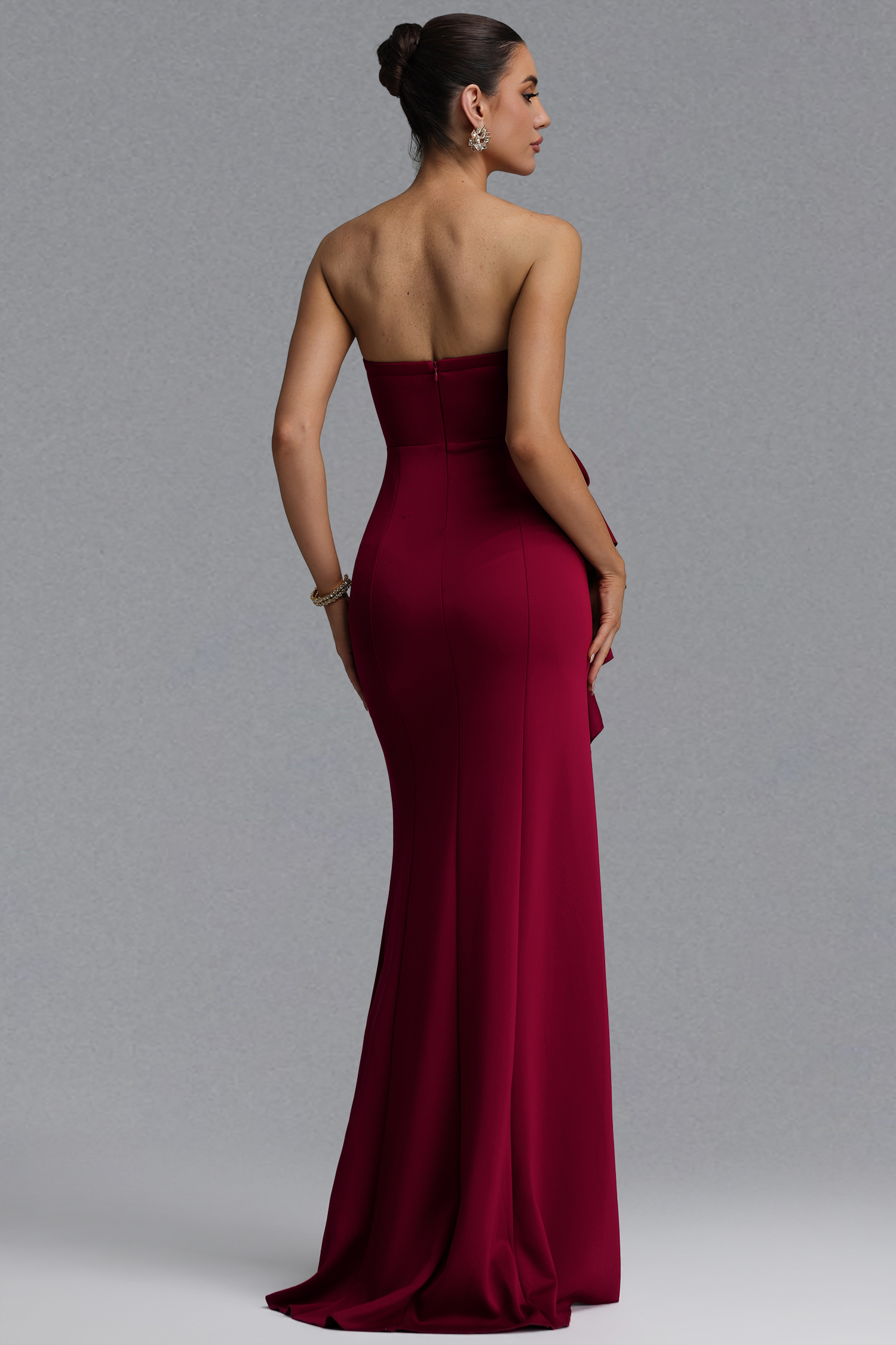 Jesmin Elegant Waist-Cinching Strapless Heart Neck Big Bow Ruffle High Slit Bodycon Mermaid Red Maxi Evening Dress