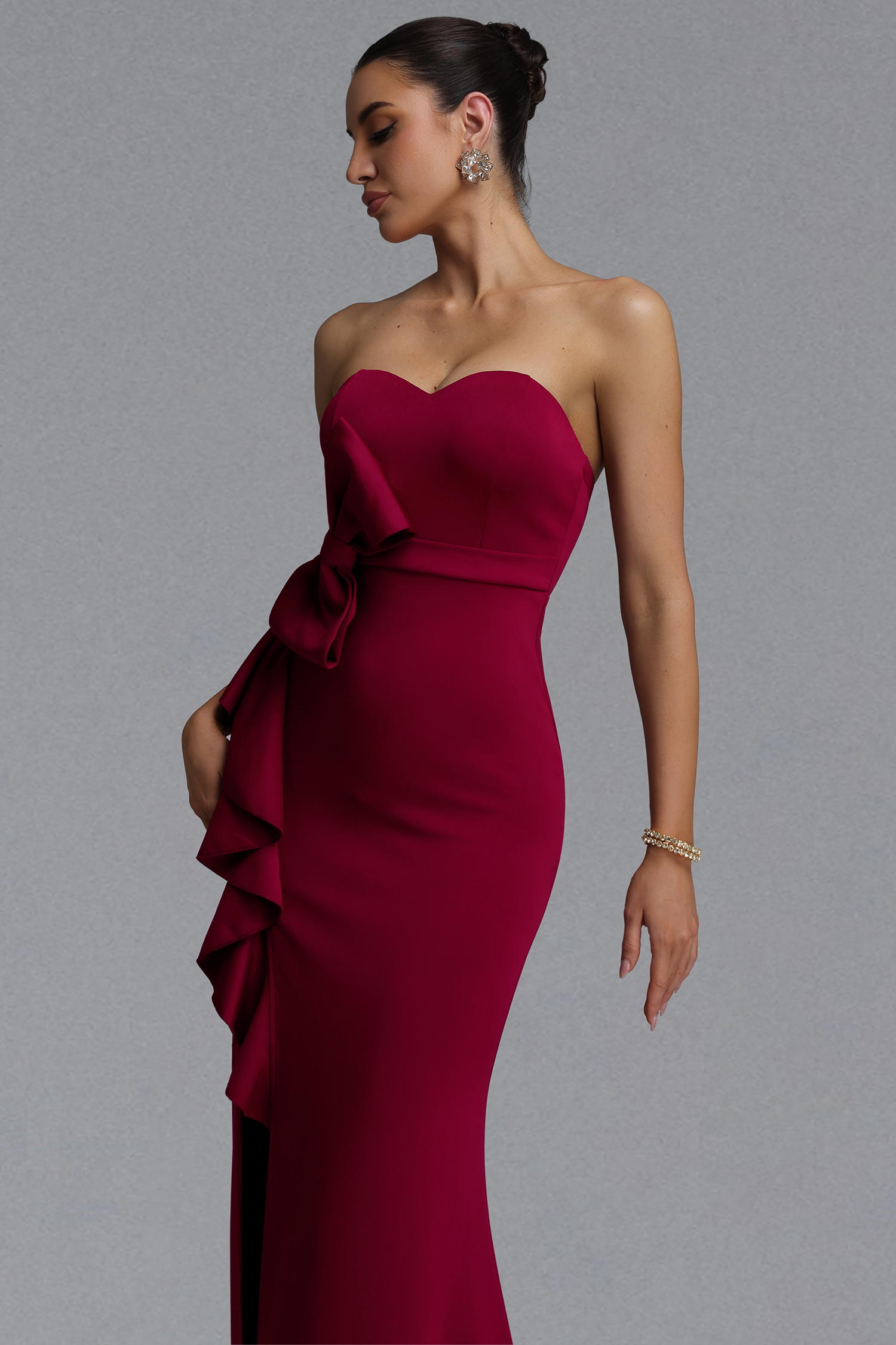 Jesmin Elegant Waist-Cinching Strapless Heart Neck Big Bow Ruffle High Slit Bodycon Mermaid Red Maxi Evening Dress