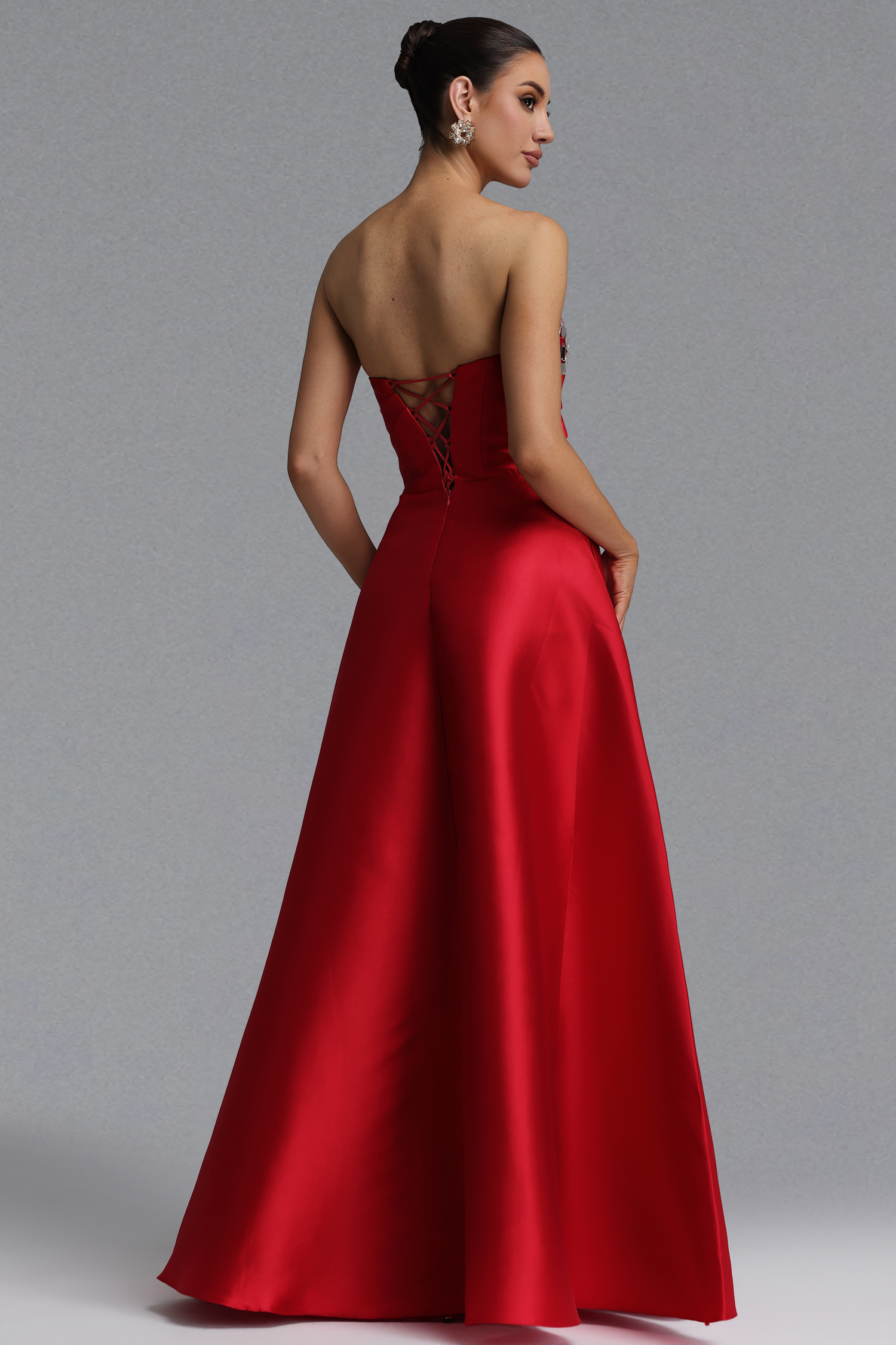 Elegant Waist-Cinching Strapless Mirror Decor Ruched Satin Full A-Line Maxi Evening Dress