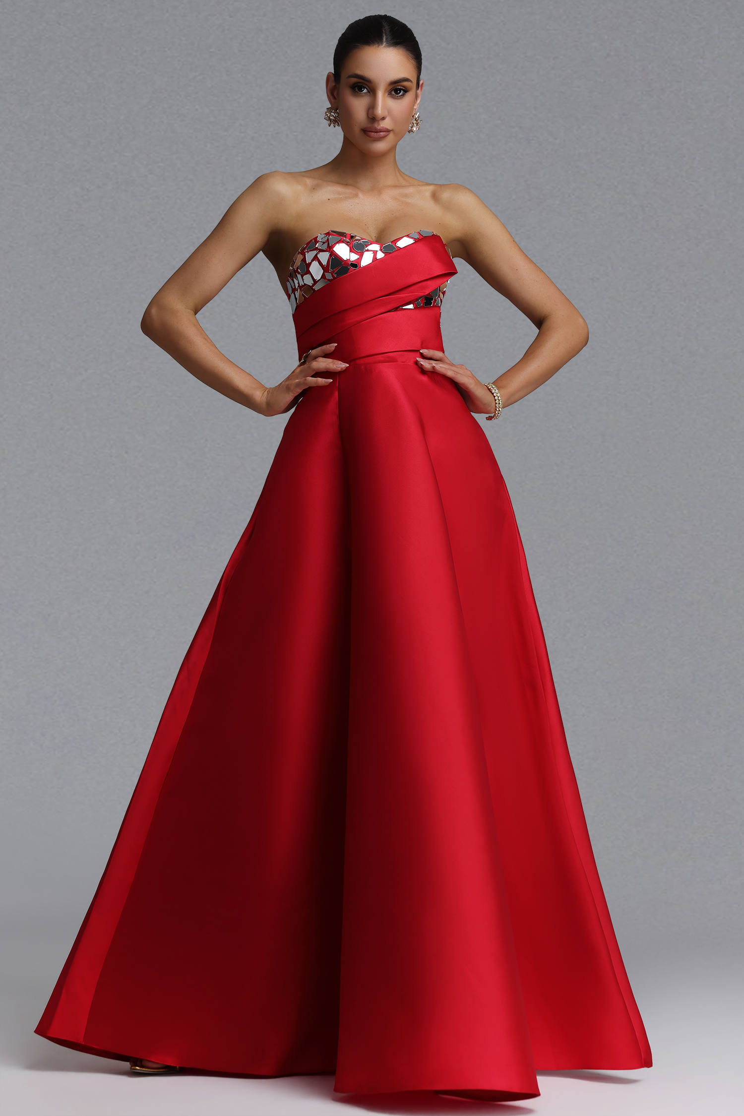 Elegant Waist-Cinching Strapless Mirror Decor Ruched Satin Full A-Line Maxi Evening Dress