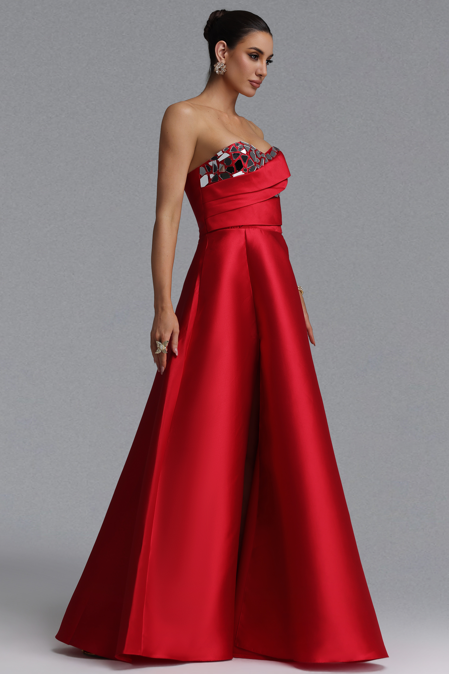 Elegant Waist-Cinching Strapless Mirror Decor Ruched Satin Full A-Line Maxi Evening Dress