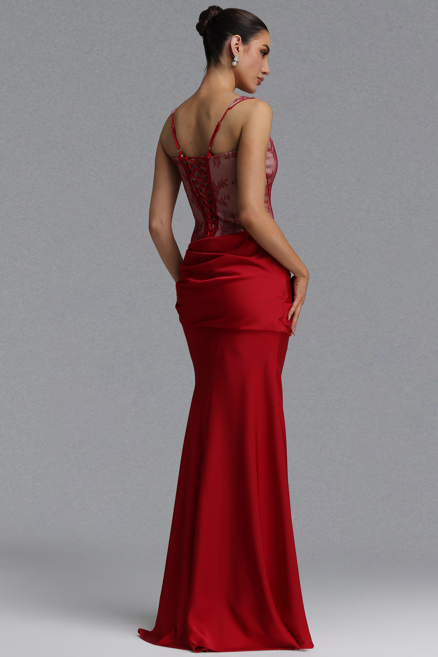 Ferina Romantic Tailored Square Neck Pleated Lace Satin Red Set Maxi Dress