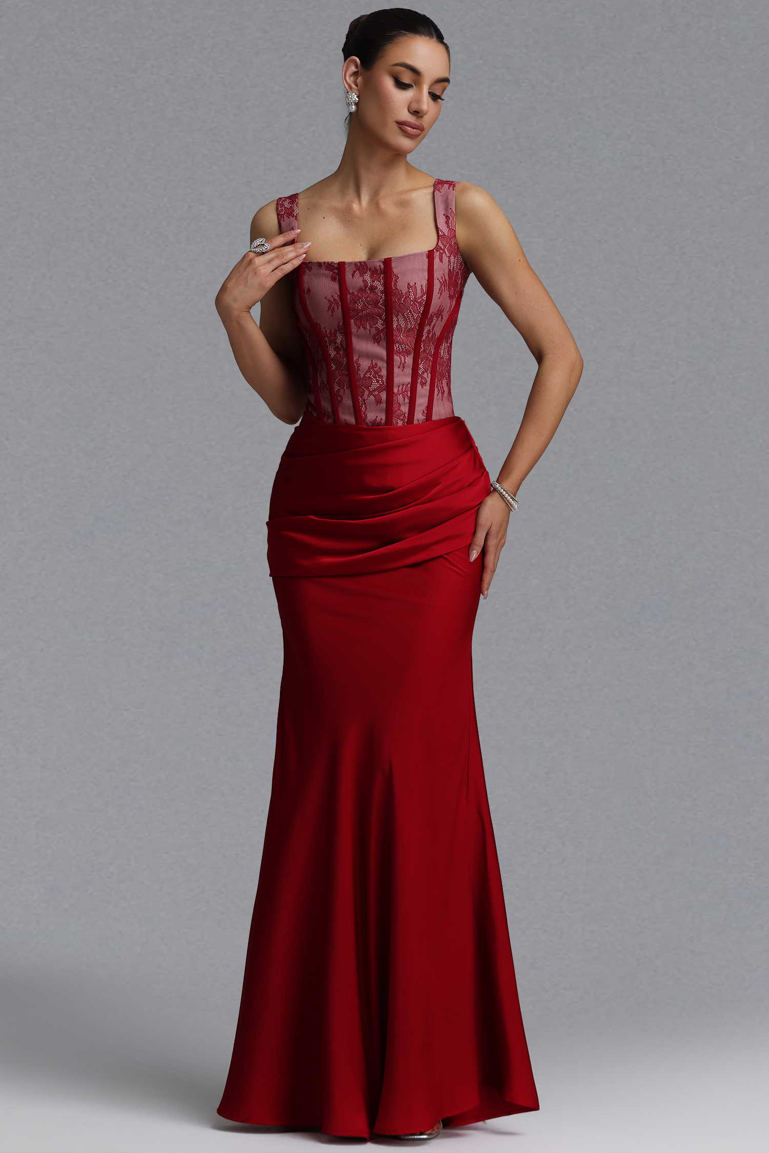 Ferina Romantic Tailored Square Neck Pleated Lace Satin Red Set Maxi Dress