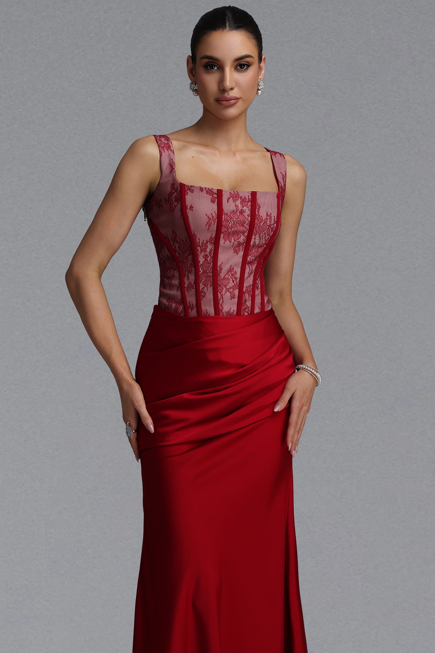 Ferina Romantic Tailored Square Neck Pleated Lace Satin Red Set Maxi Dress