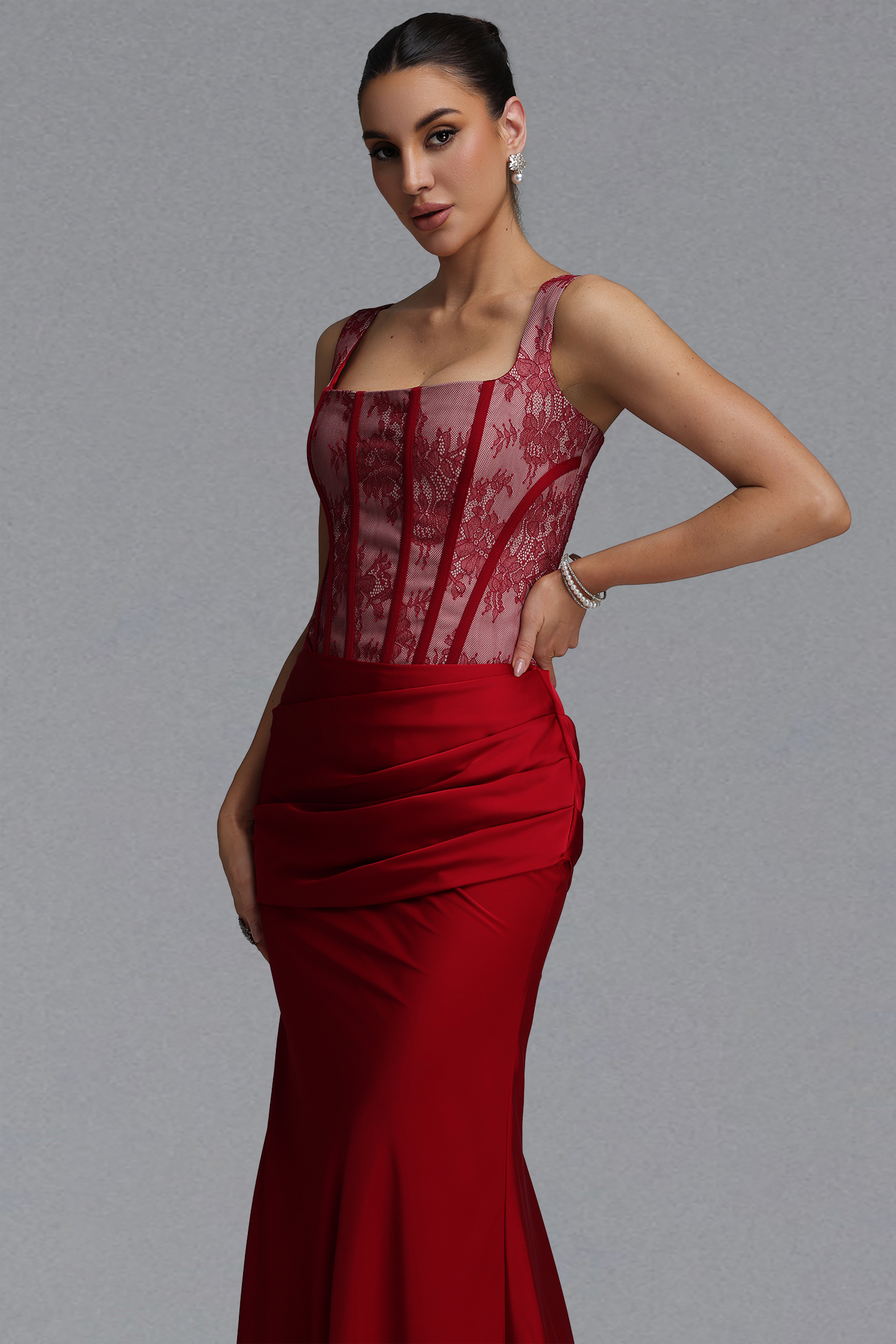 Ferina Romantic Tailored Square Neck Pleated Lace Satin Red Set Maxi Dress