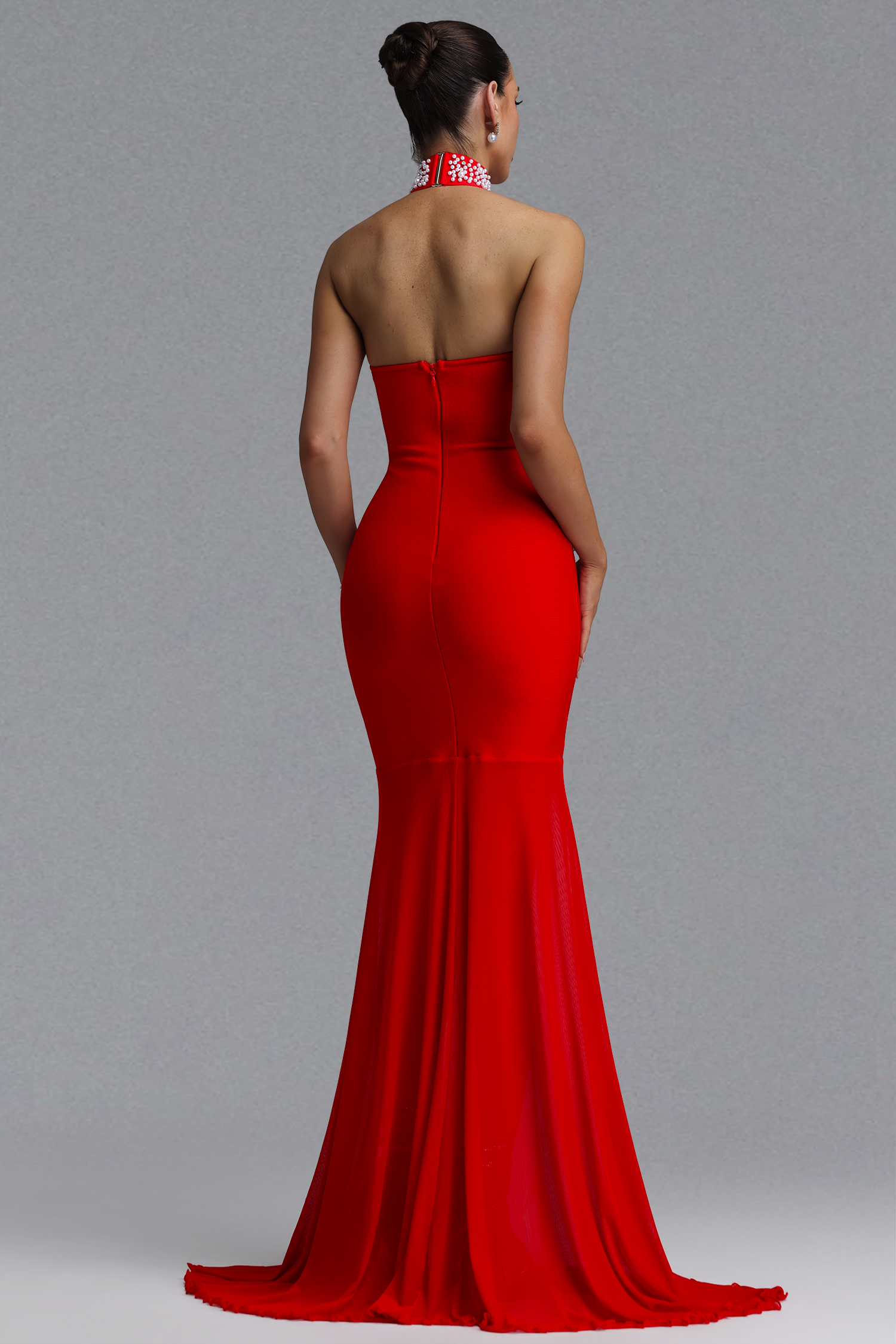 Saly Elegant Waist-Cinching Halter Cutout Neck All Over Pearl Beaded Sheer Mesh Mermaid Maxi Evening Dress