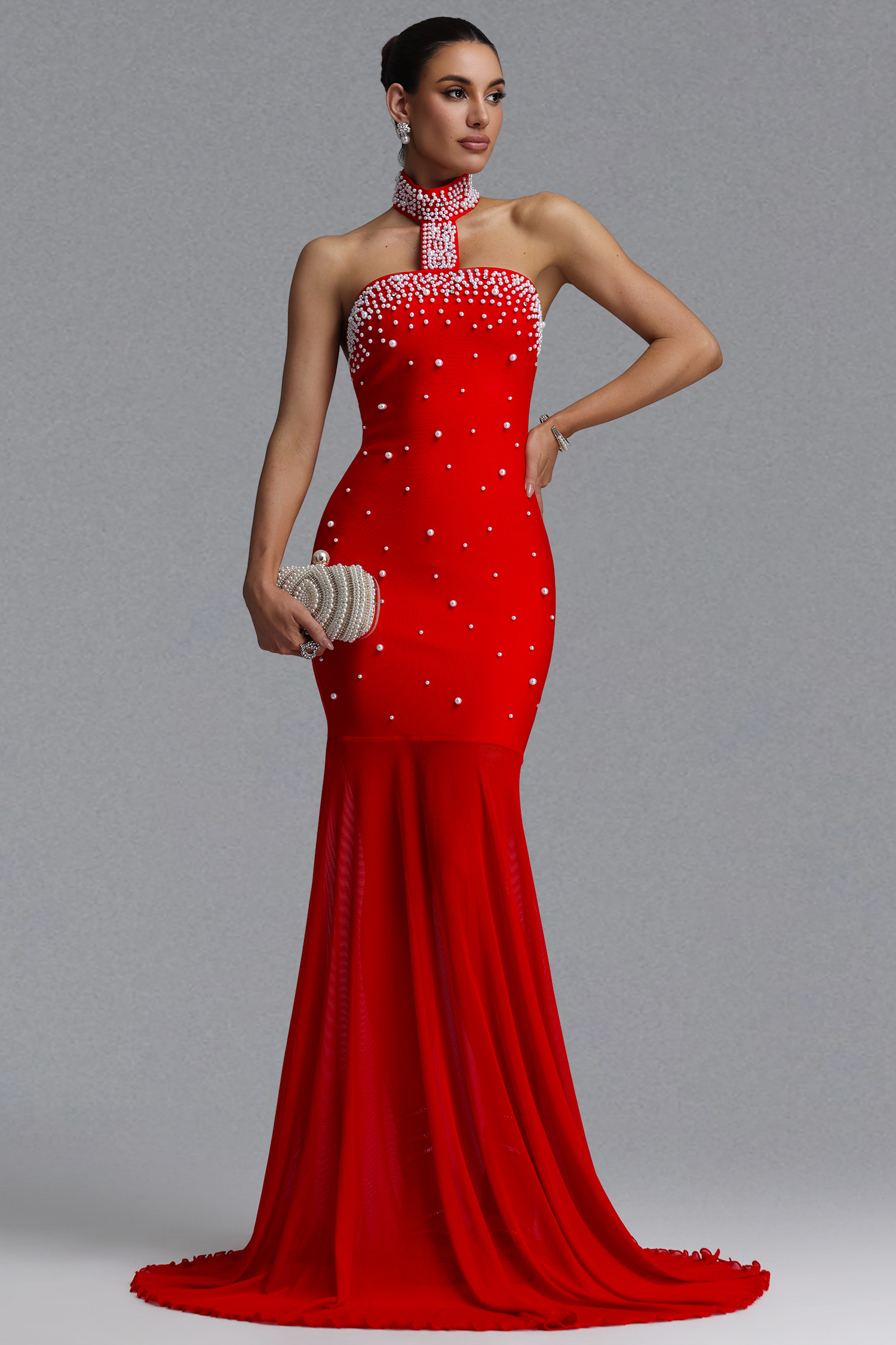 Saly Elegant Waist-Cinching Halter Cutout Neck All Over Pearl Beaded Sheer Mesh Mermaid Maxi Evening Dress