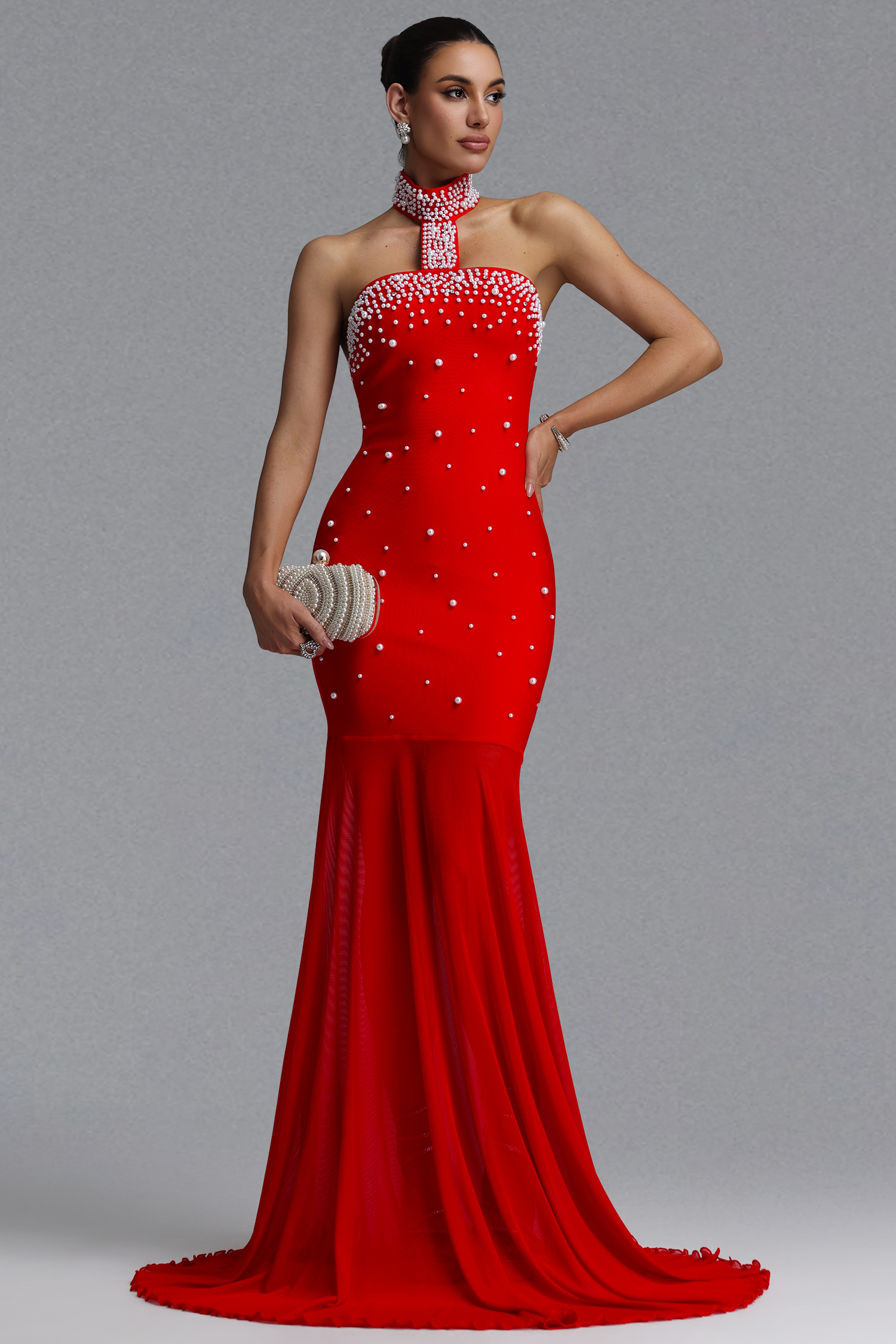 Saly Elegant Waist-Cinching Halter Cutout Neck All Over Pearl Beaded Sheer Mesh Mermaid Maxi Evening Dress