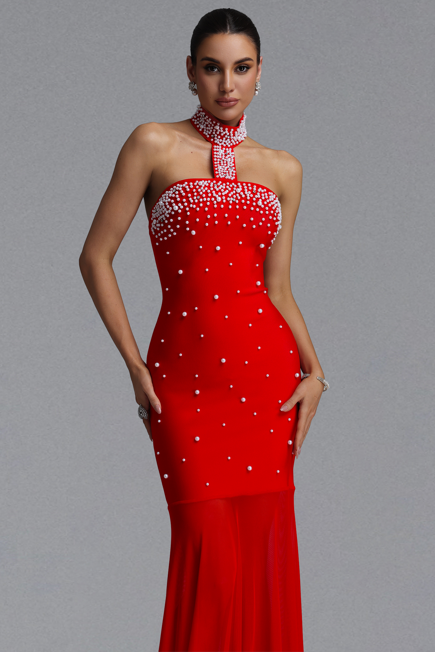 Saly Elegant Waist-Cinching Halter Cutout Neck All Over Pearl Beaded Sheer Mesh Mermaid Maxi Evening Dress