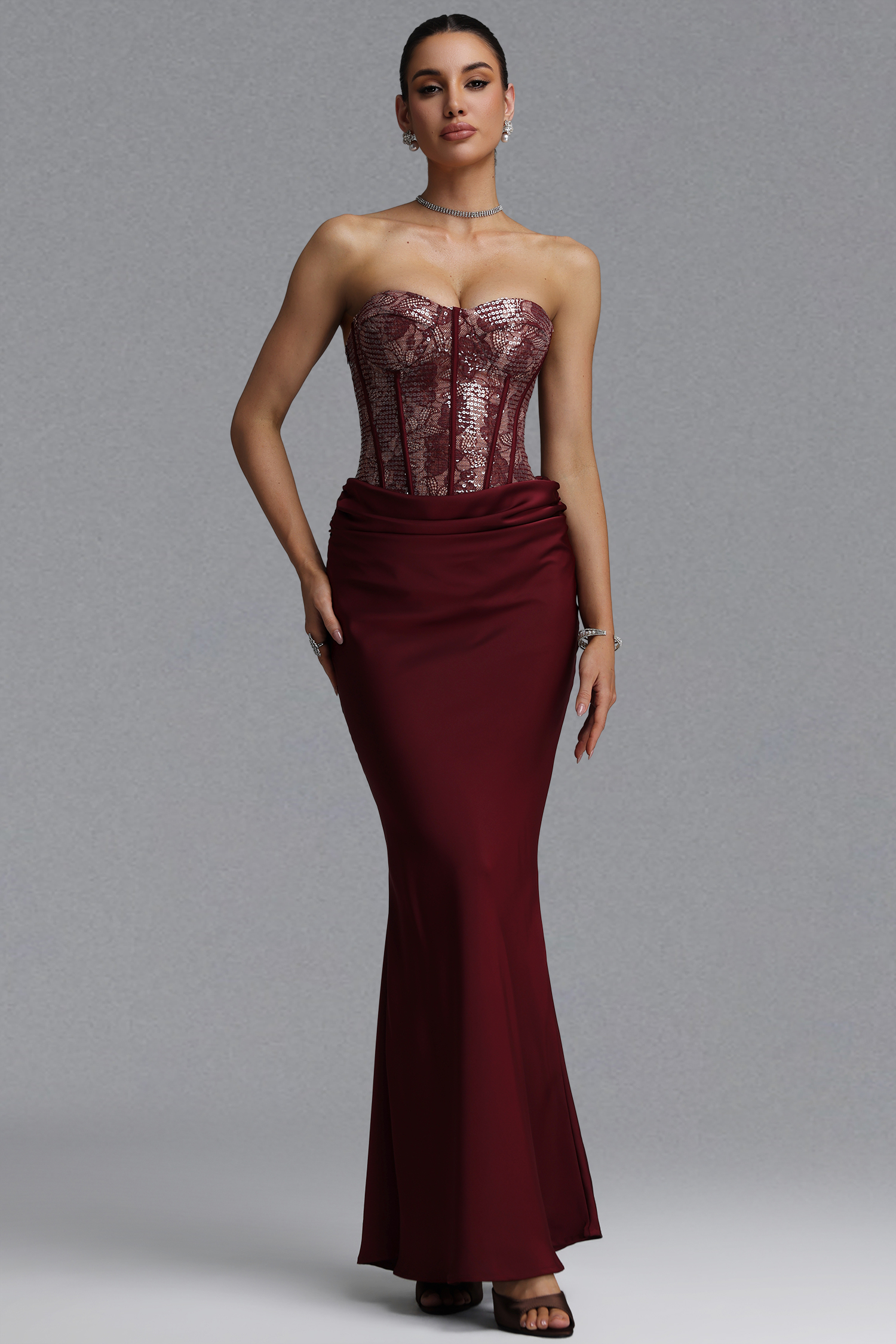 Irana Romantic Tailored Sleeveless Pleated Sequin Lace Maxi Evening Dress