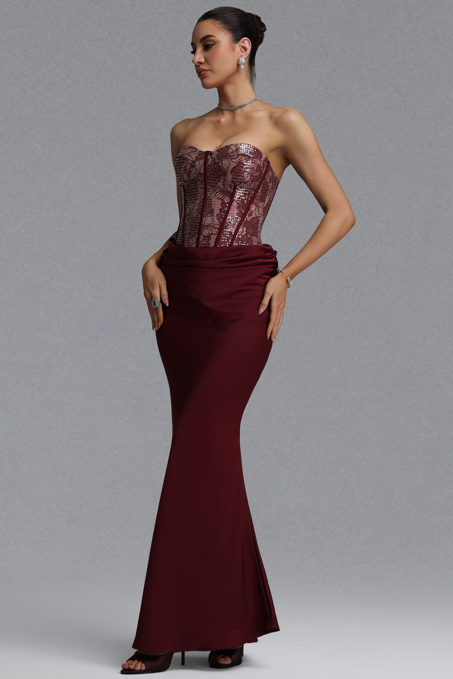 Irana Romantic Tailored Sleeveless Pleated Sequin Lace Maxi Evening Dress