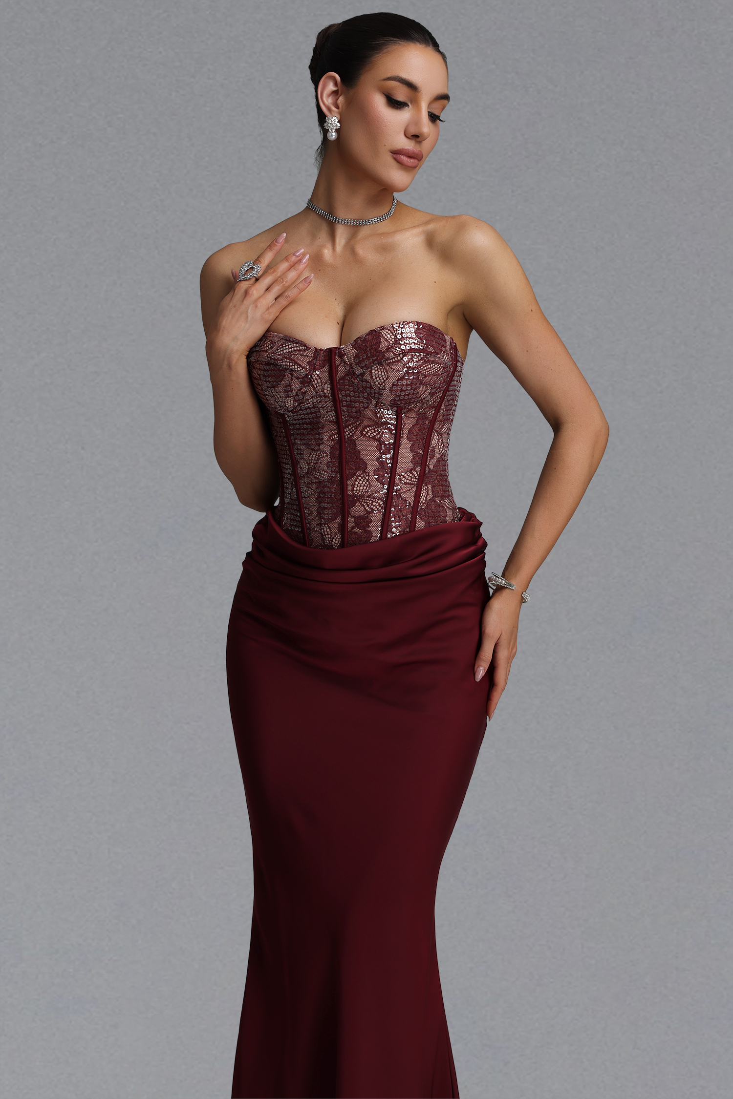 Irana Romantic Tailored Sleeveless Pleated Sequin Lace Maxi Evening Dress
