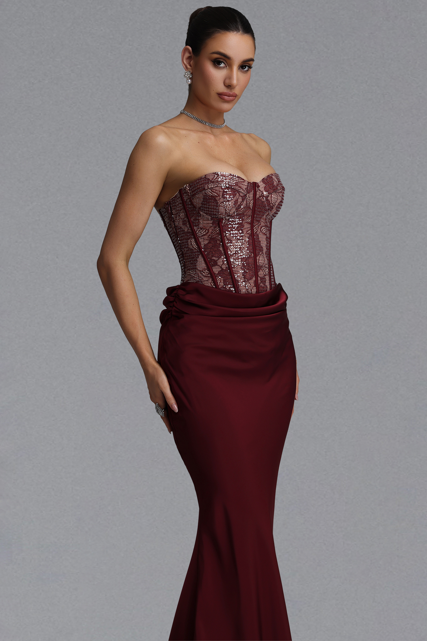 Irana Romantic Tailored Sleeveless Pleated Sequin Lace Maxi Evening Dress