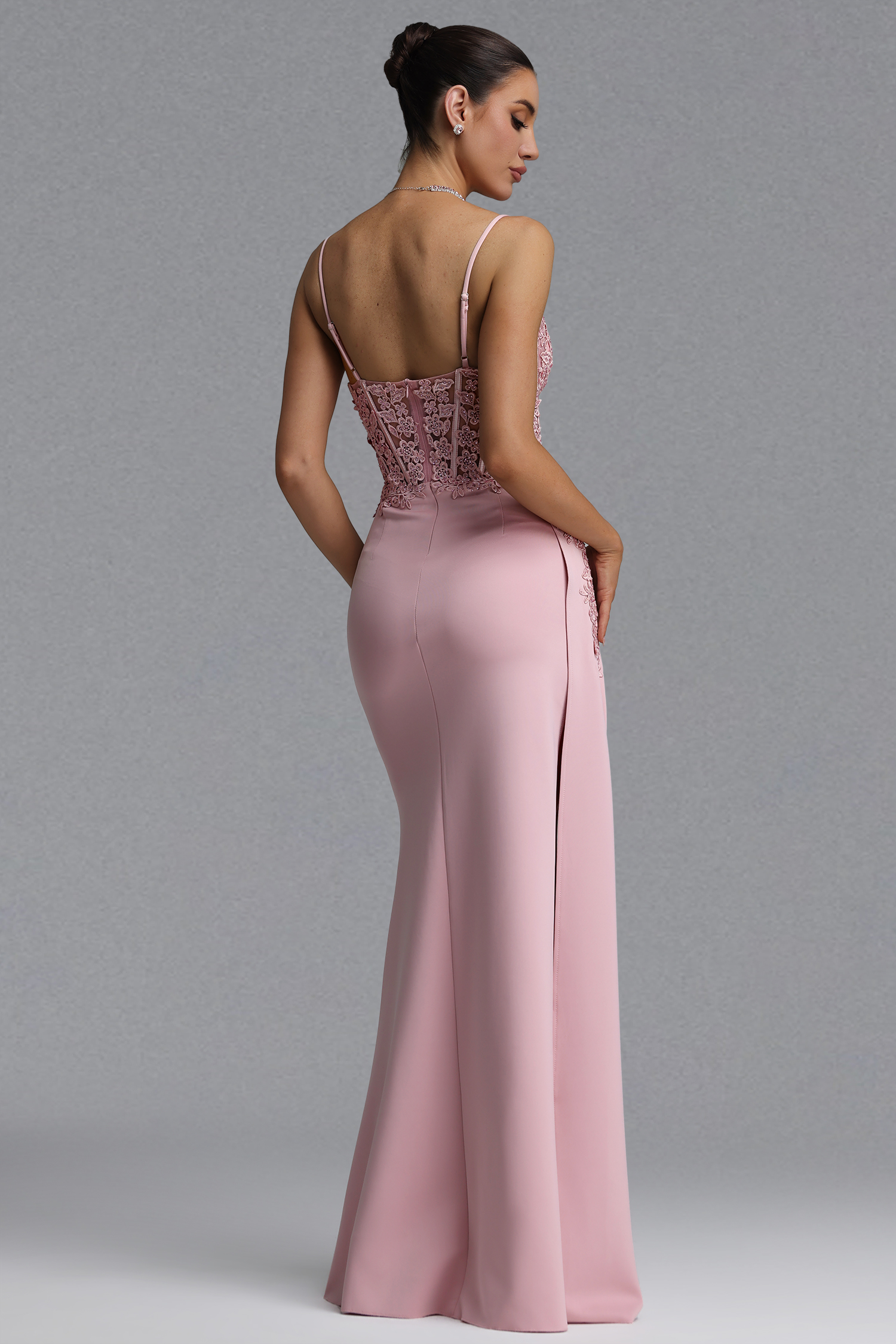 Jaelyn Elegant Waist-Cinching Thin Strap V-Neck Lace Beaded Ruched Satin High Slit Bodycon Mermaid Maxi Evening Dress
