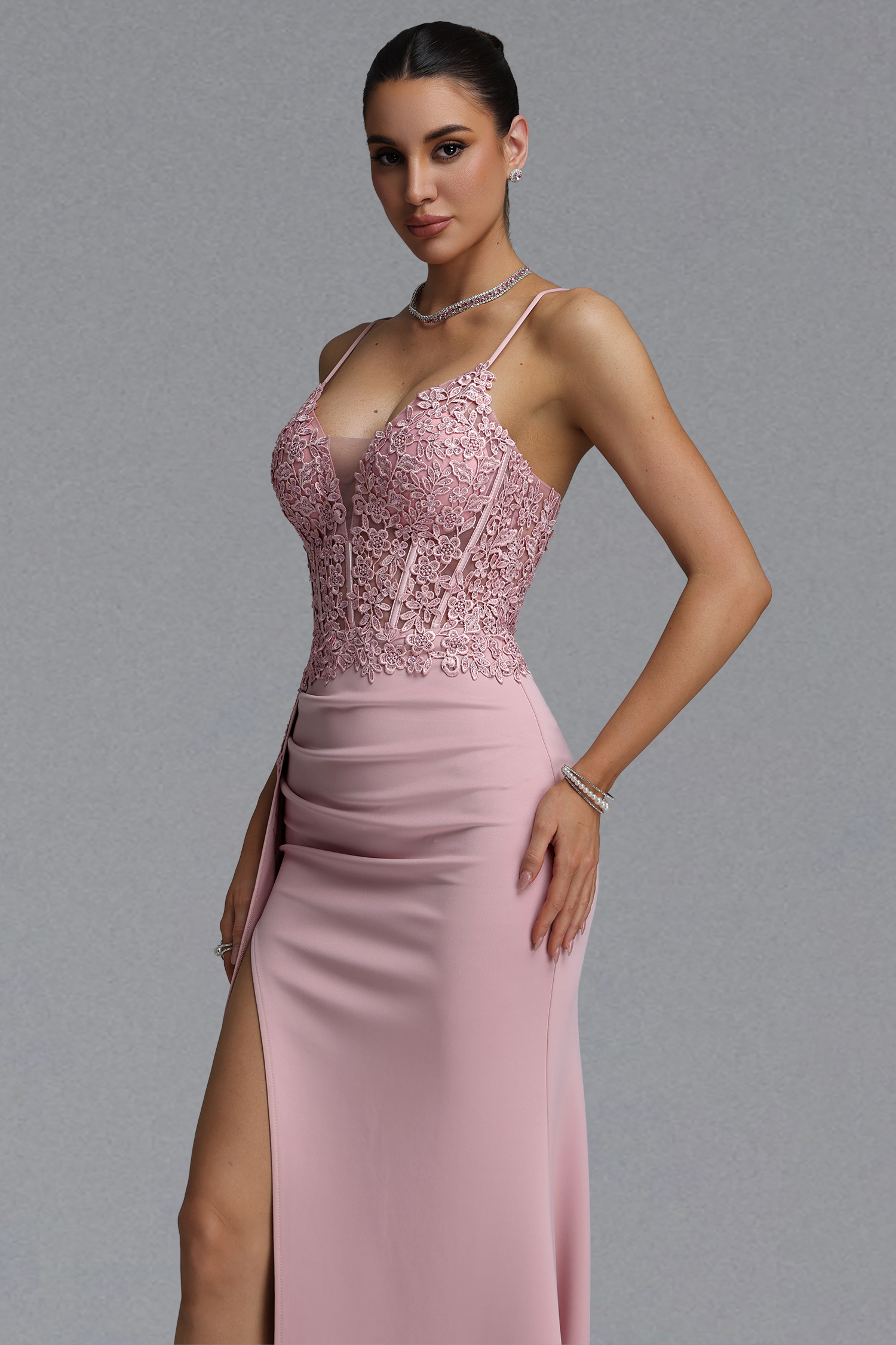 Jaelyn Elegant Waist-Cinching Thin Strap V-Neck Lace Beaded Ruched Satin High Slit Bodycon Mermaid Maxi Evening Dress