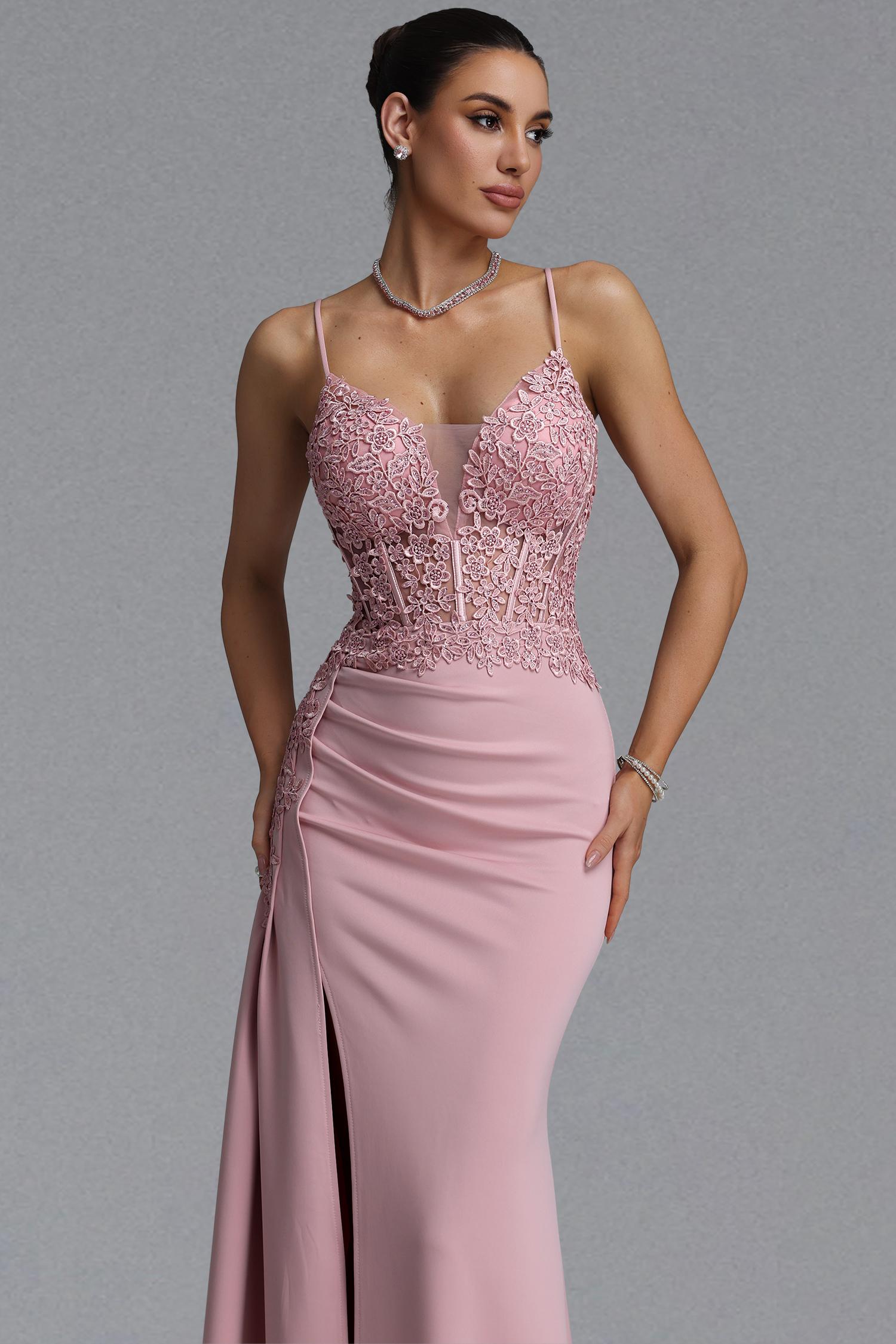 Jaelyn Elegant Waist-Cinching Thin Strap V-Neck Lace Beaded Ruched Satin High Slit Bodycon Mermaid Maxi Evening Dress
