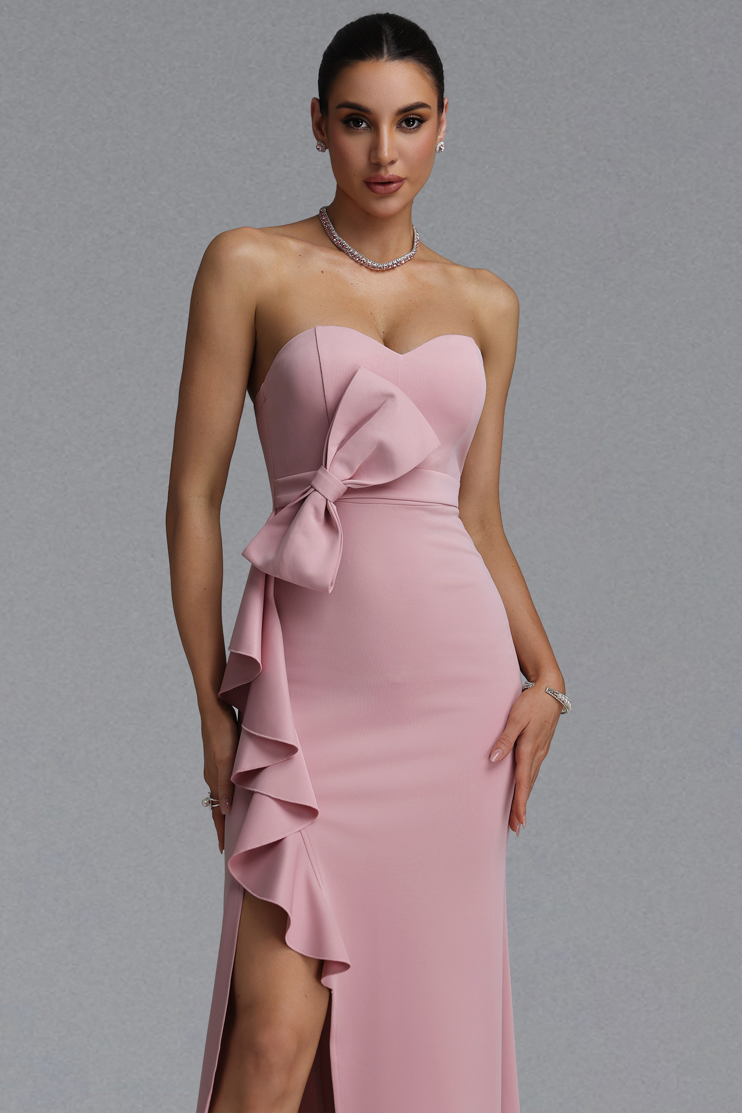 Edan Elegant Waist-Cinching Strapless Heart Neck Big Bow Ruffle High Slit Bodycon Mermaid Pink Maxi Evening Dress