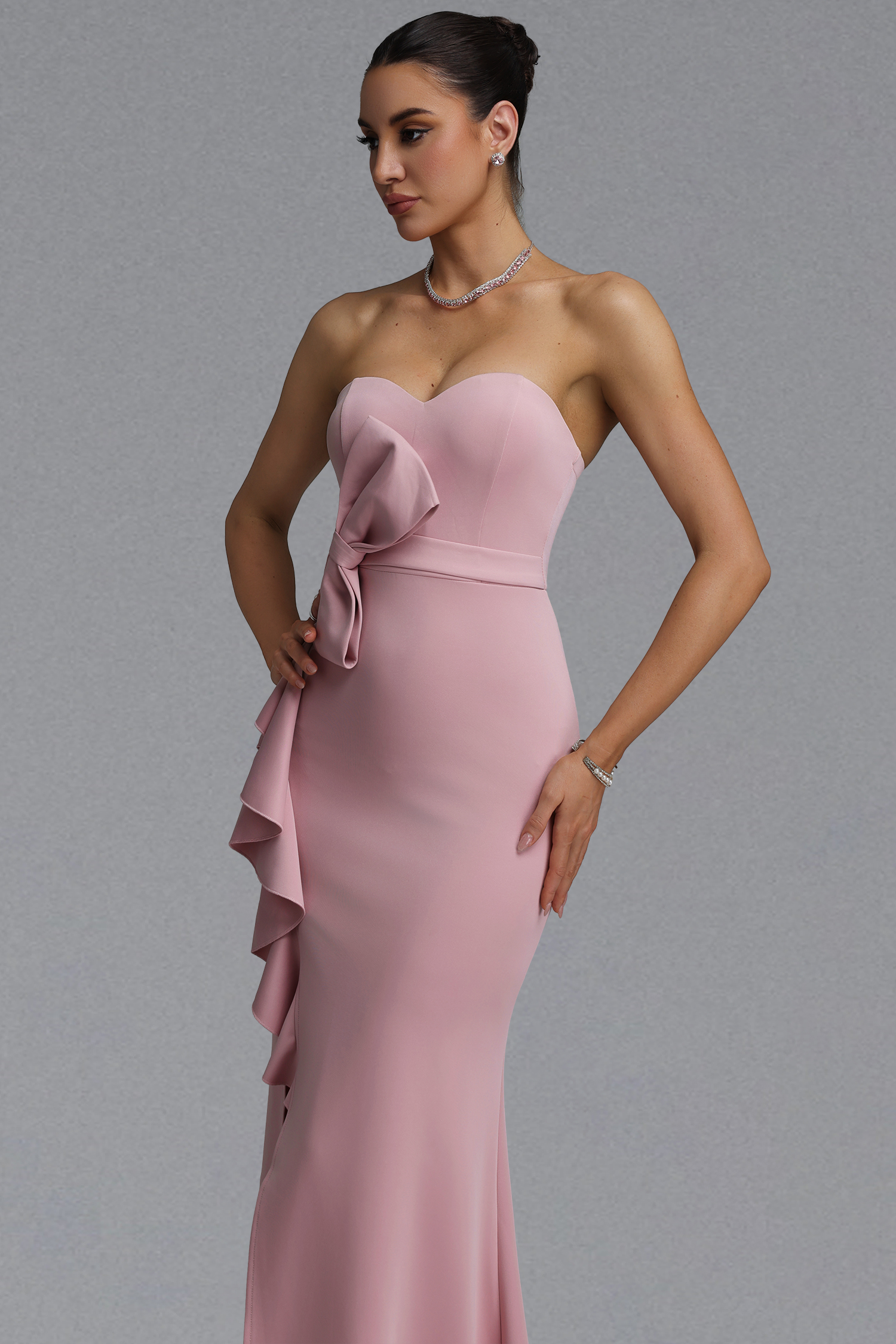 Edan Elegant Waist-Cinching Strapless Heart Neck Big Bow Ruffle High Slit Bodycon Mermaid Pink Maxi Evening Dress