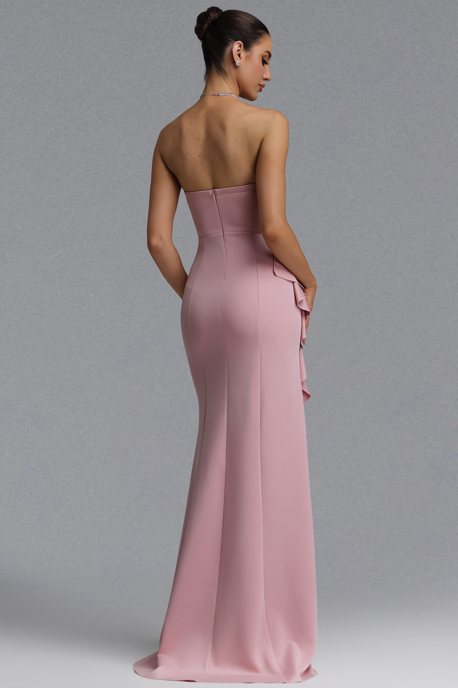 Edan Elegant Waist-Cinching Strapless Heart Neck Big Bow Ruffle High Slit Bodycon Mermaid Pink Maxi Evening Dress