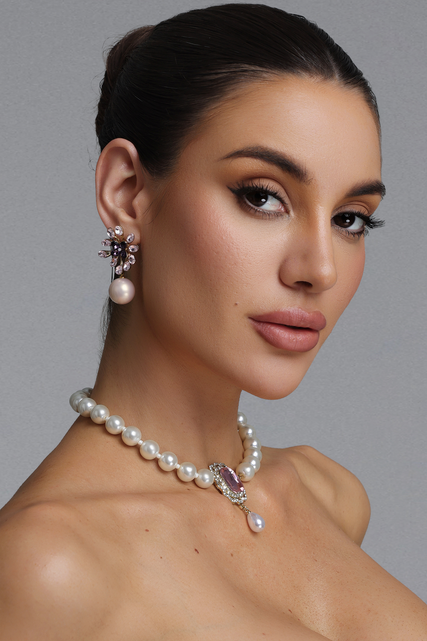 Tinsley French Vintage Square Pink Diamond Drop Pearl Choker