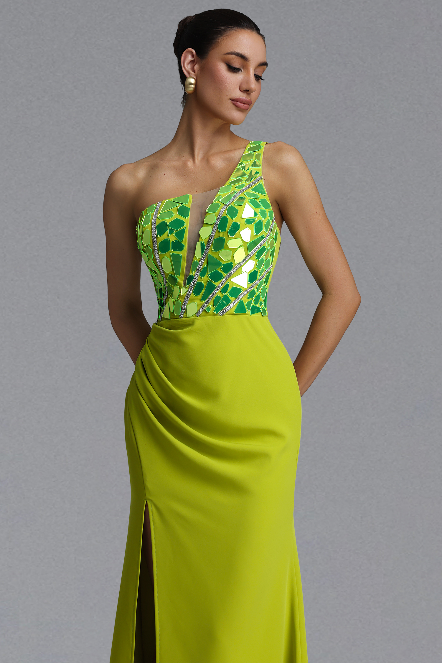 Kyli Fashion Slim One Shoulder Mirror Pleated Maxi Dress