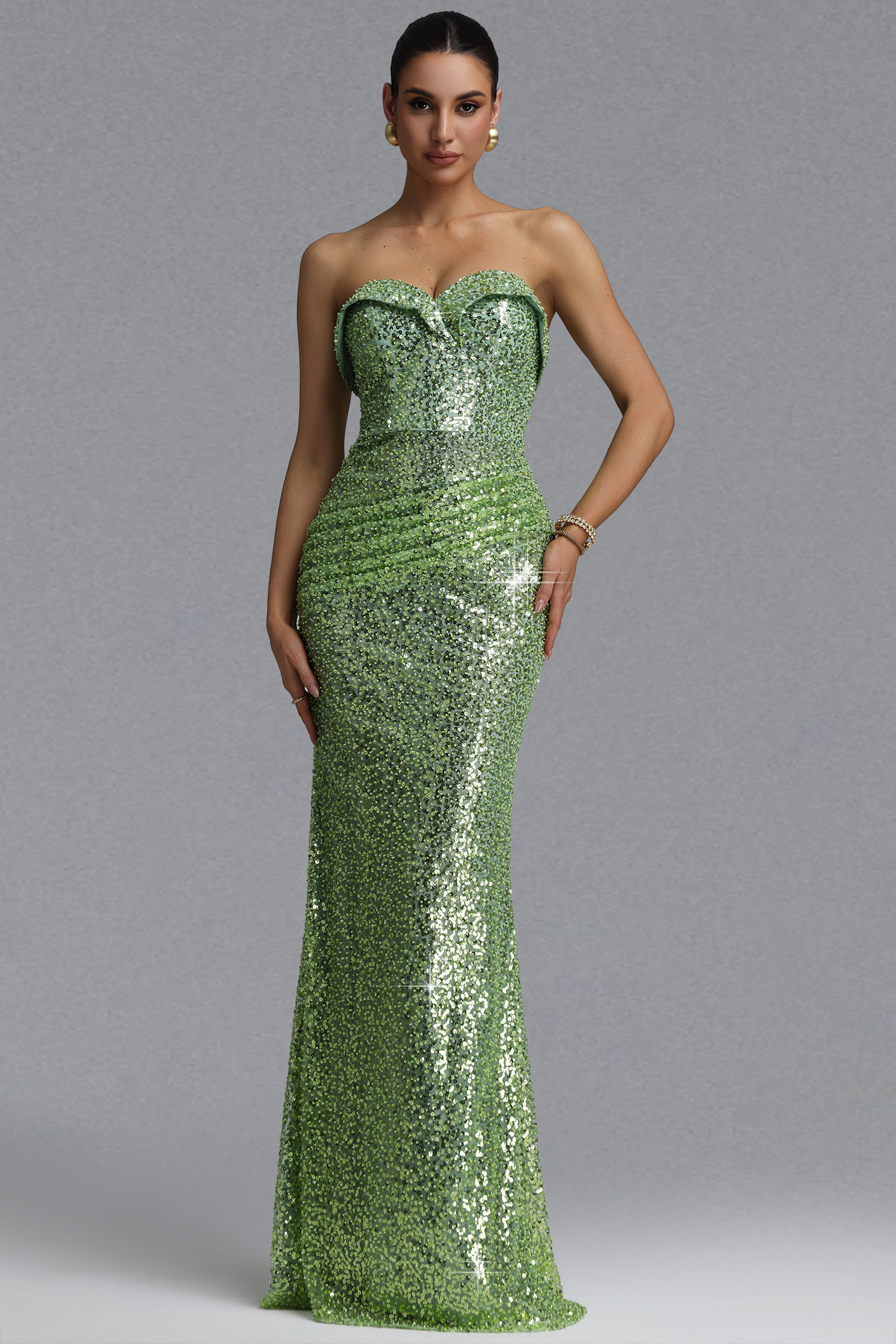 Elegant Waist-Cinching Strapless Heart Neck Ruched Sequin Mermaid Maxi Evening Dress