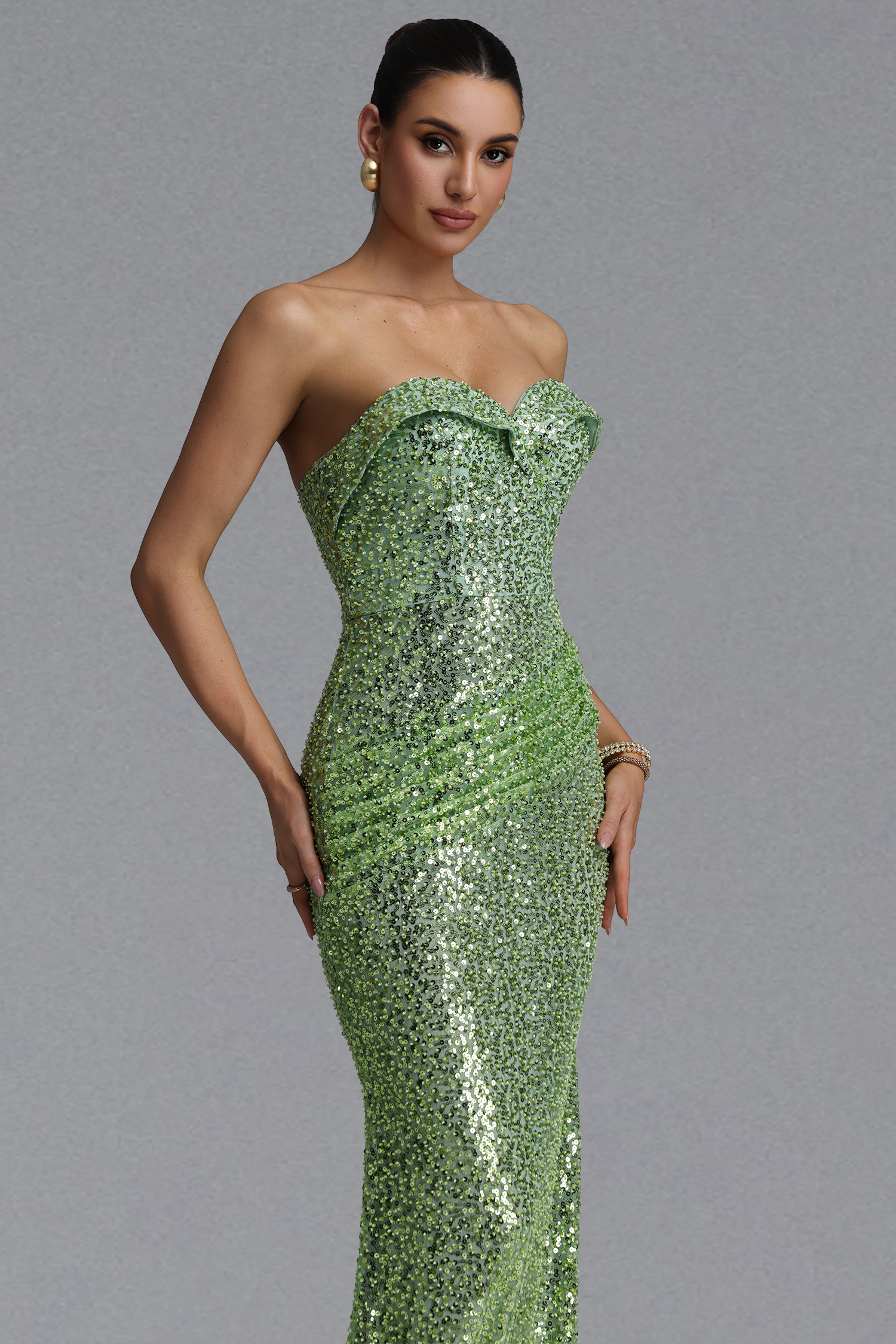 Elegant Waist-Cinching Strapless Heart Neck Ruched Sequin Mermaid Maxi Evening Dress