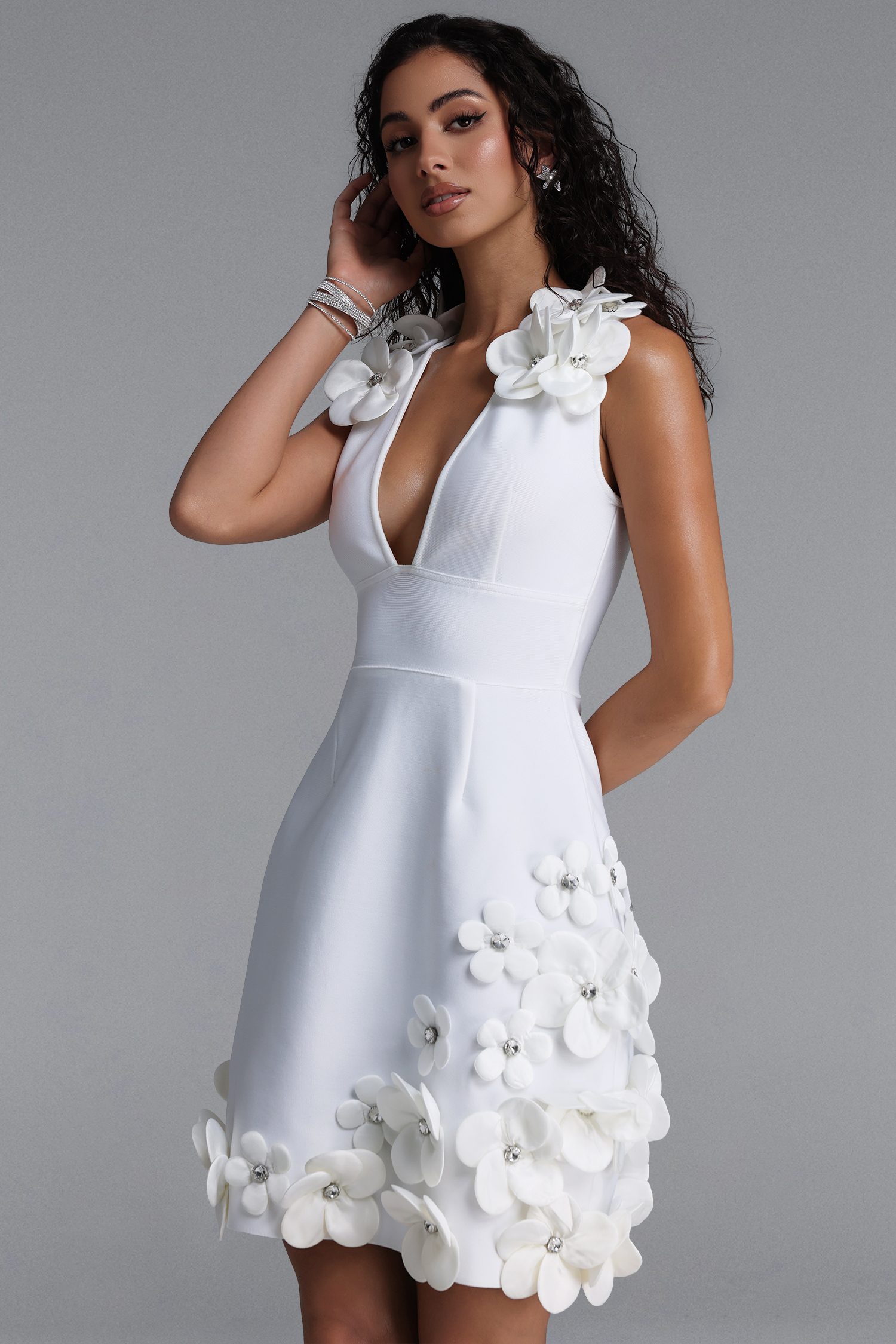 Taj Chic Contour Deep V Floral Contrast Bandage White Mini Dress
