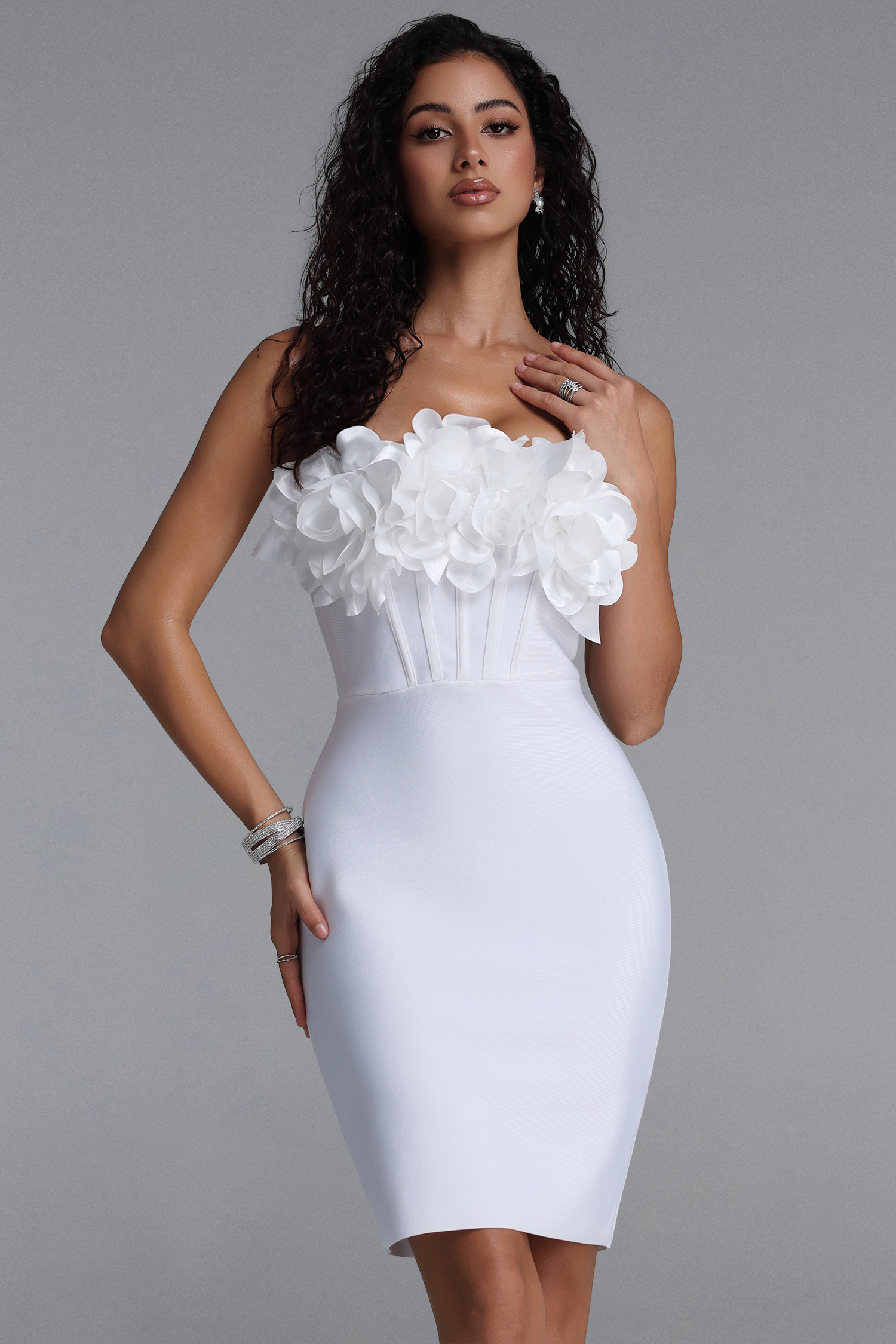 Yuio Elegant Floral Strapless Bandage Bodycon Mini Dress